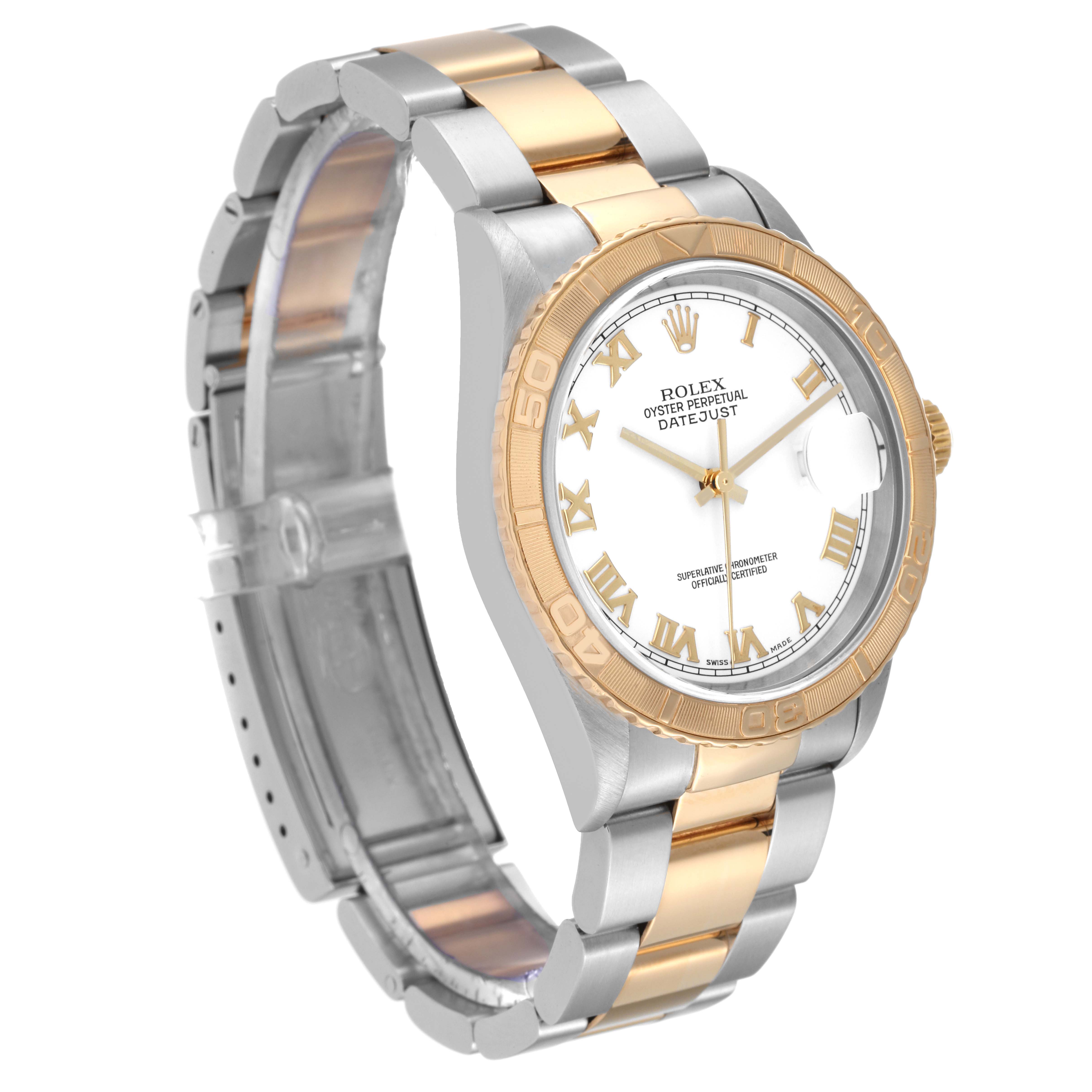 The image shows a Rolex Turn-o-Graph 16263 Men
s Steel and Gold (two tone) White Dial 16263 Men
s Steel and Gold (two tone) White Dial watch at an angled side view, revealing the dial, bezel, and two-tone bracelet.