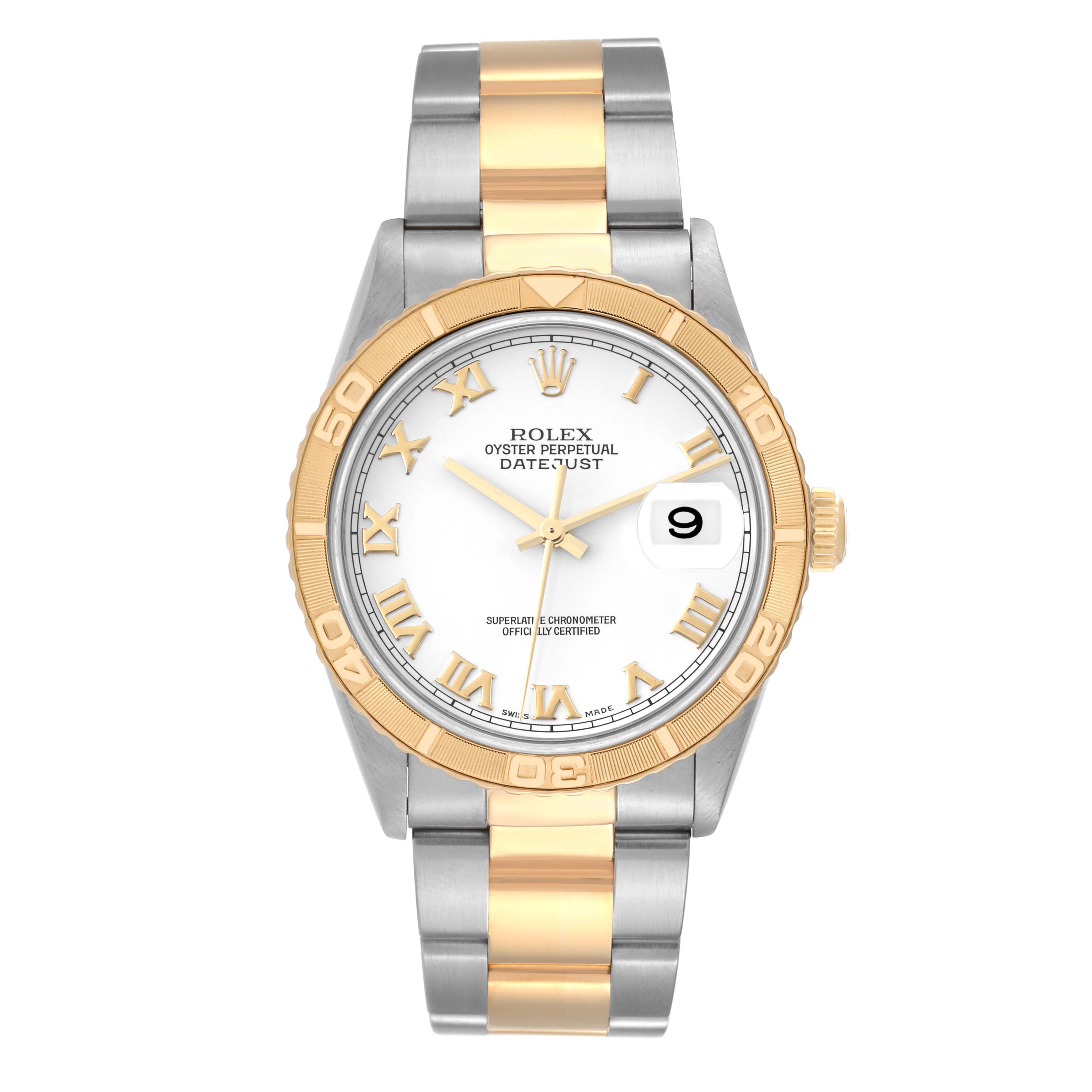 The image shows the Rolex Turn-o-Graph 16263 Men
s Steel and Gold (two tone) White Dial 16263 Men
s Steel and Gold (two tone) White Dial watch from a front angle, featuring its gold and silver bracelet and white dial.