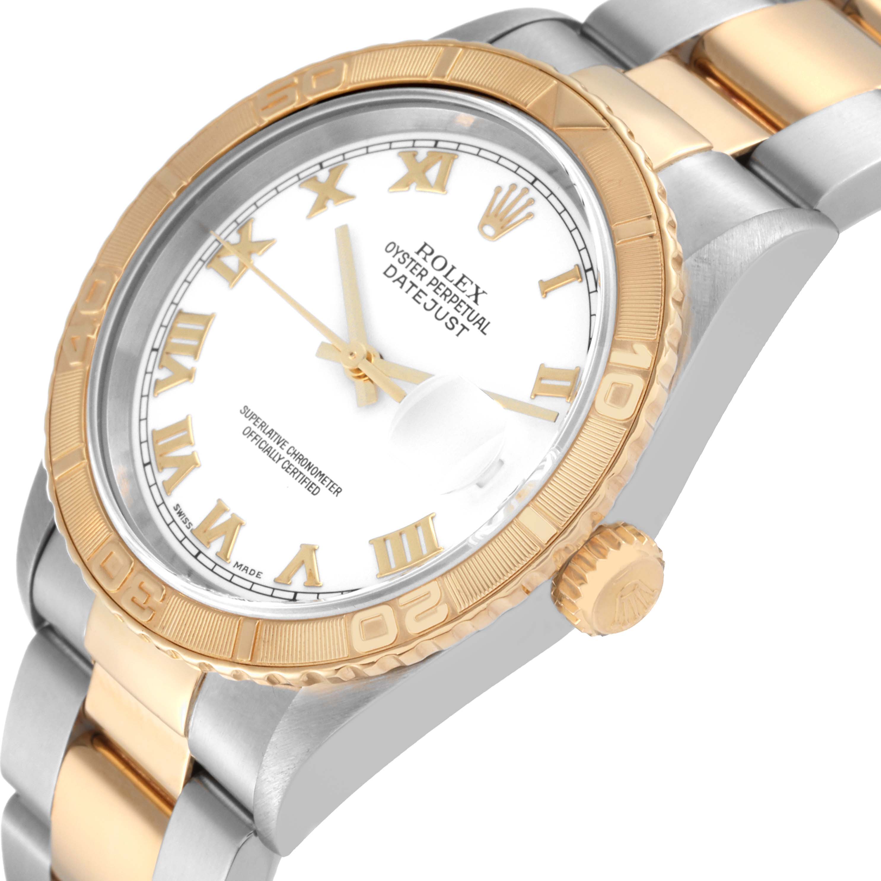 The image shows a close-up angle of a Rolex Turn-o-Graph 16263 Men
s Steel and Gold (two tone) White Dial 16263 Men
s Steel and Gold (two tone) White Dial watch, highlighting the bezel, dial, crown, and part of the bracelet.