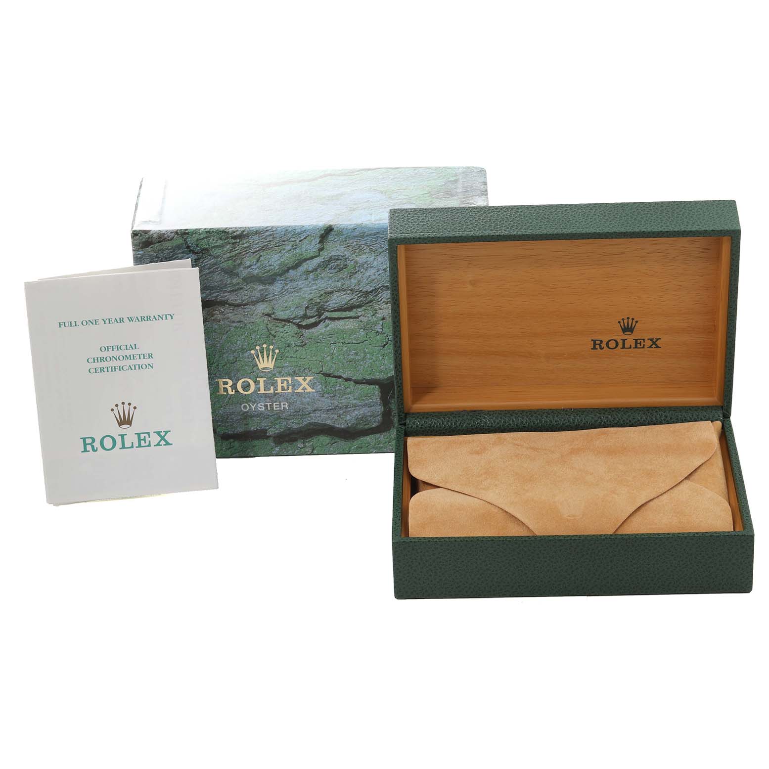 The image shows the box, a Rolex Oyster protective case, and warranty booklets for the Turn-o-Graph model by Rolex.