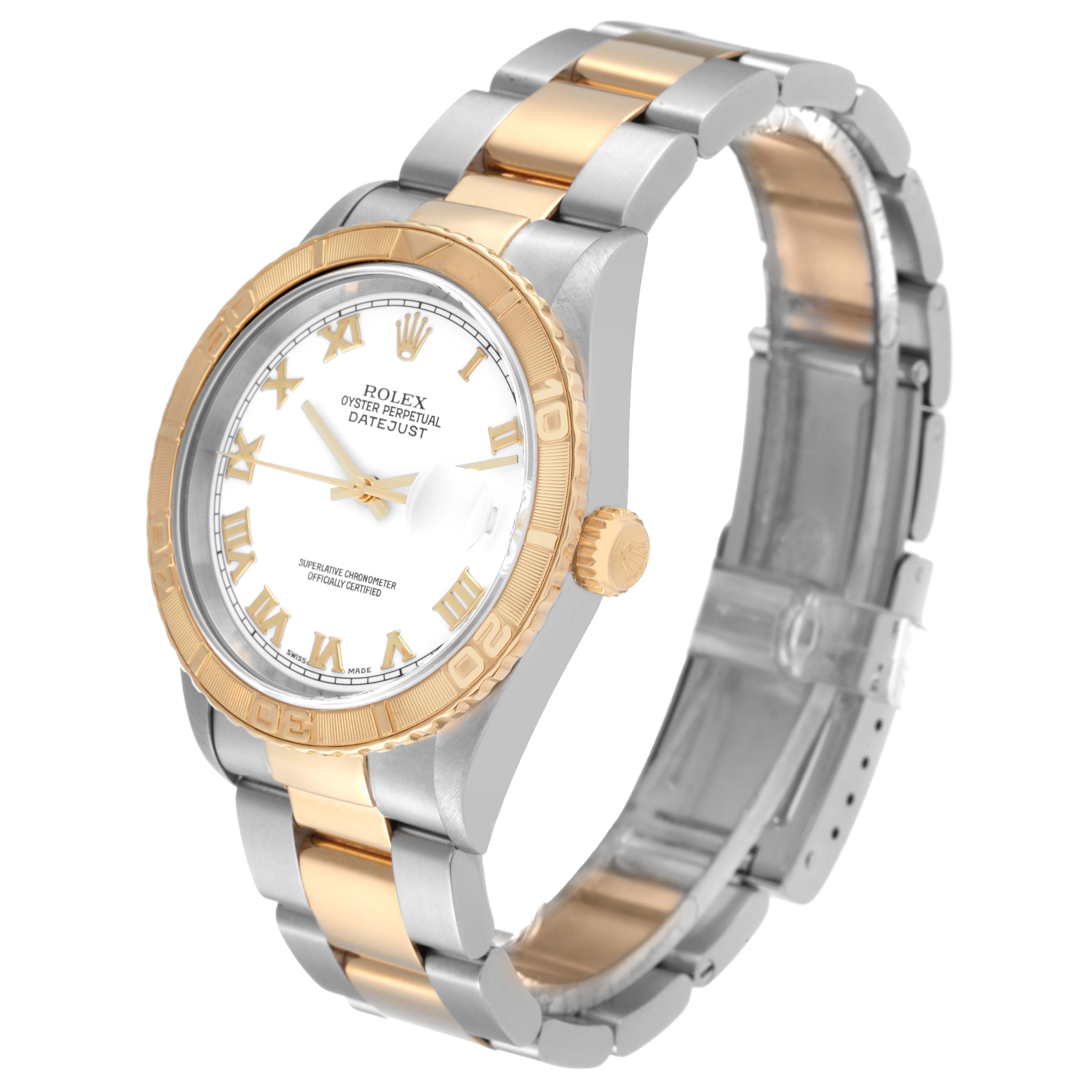 The Rolex Turn-o-Graph 16263 Men
s Steel and Gold (two tone) White Dial 16263 Men
s Steel and Gold (two tone) White Dial watch is shown at a 3/4 angle, highlighting the dial, bezel, crown, and bracelet.