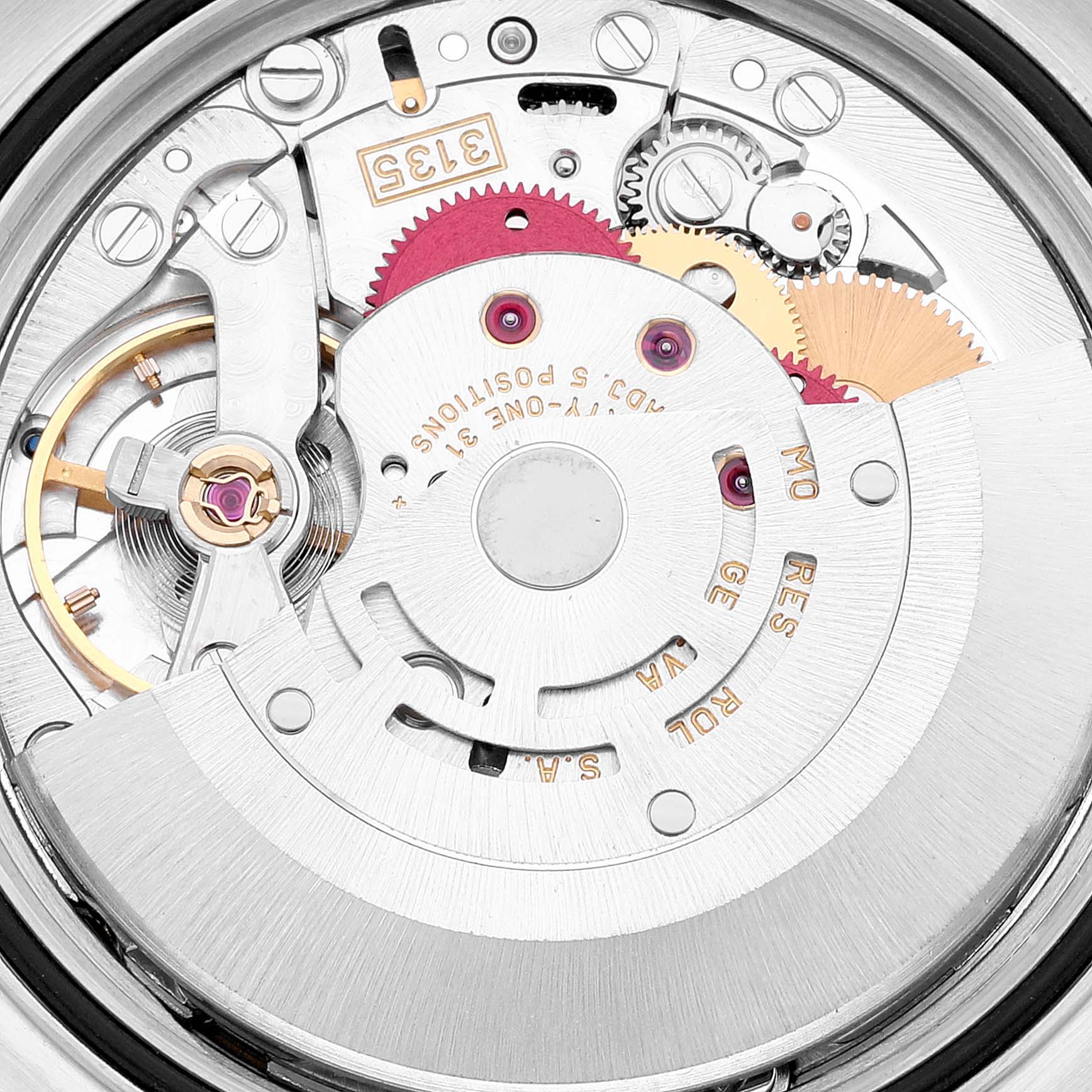 This image shows the intricate internal mechanism of a Rolex Turn-o-Graph 16263 Men
s Steel and Gold (two tone) White Dial 16263 Men
s Steel and Gold (two tone) White Dial watch from a close-up angle.
