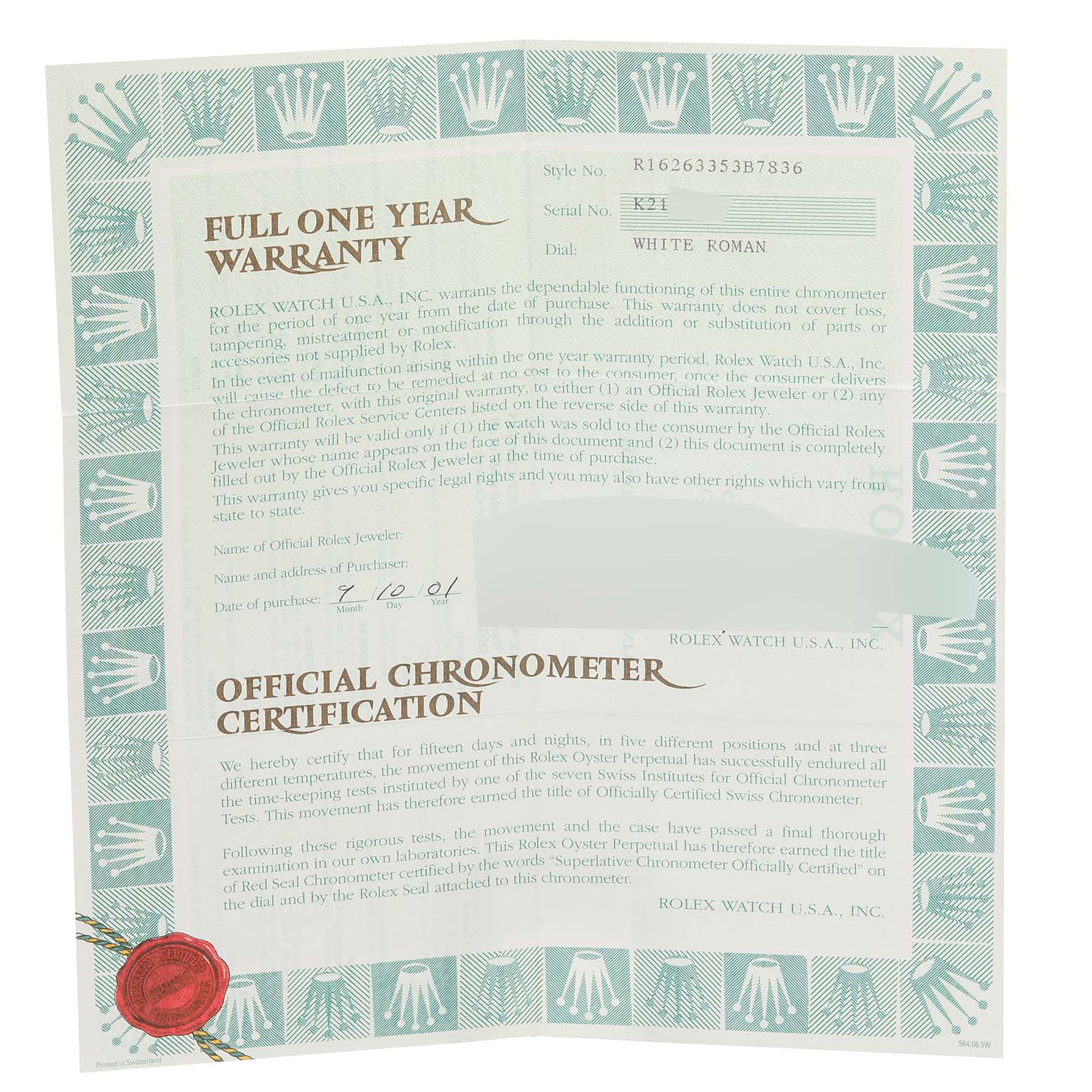 This is a warranty certificate for the Rolex Turn-o-Graph 16263 Men
s Steel and Gold (two tone) White Dial 16263 Men
s Steel and Gold (two tone) White Dial model, including the serial and style numbers, and official chronometer certification.