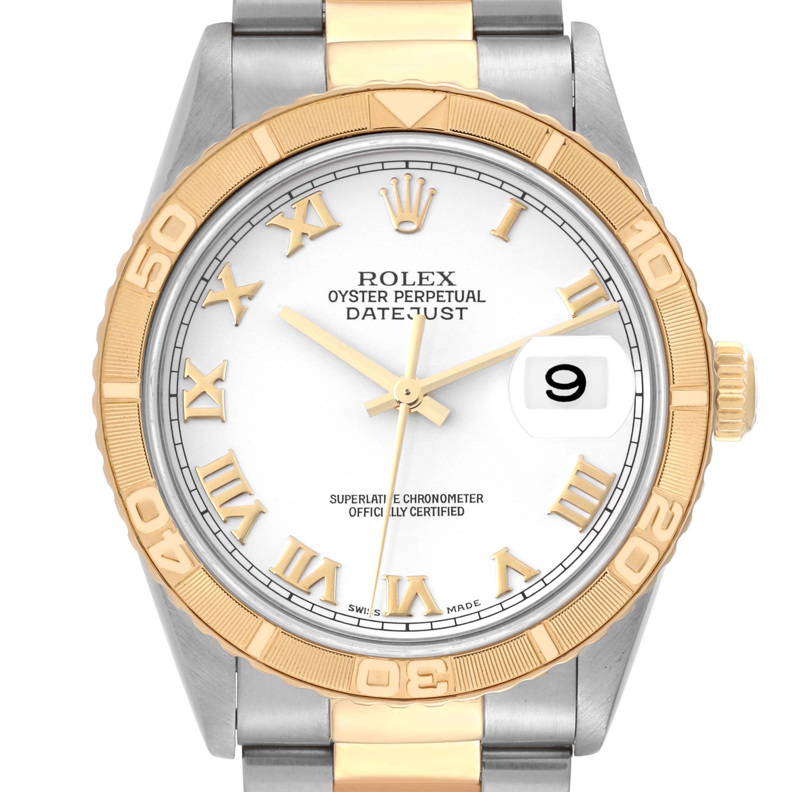 The image shows a front view of the Rolex Turn-o-Graph 16263 Men
s Steel and Gold (two tone) White Dial 16263 Men
s Steel and Gold (two tone) White Dial watch, displaying the dial, bezel, and part of the bracelet.
