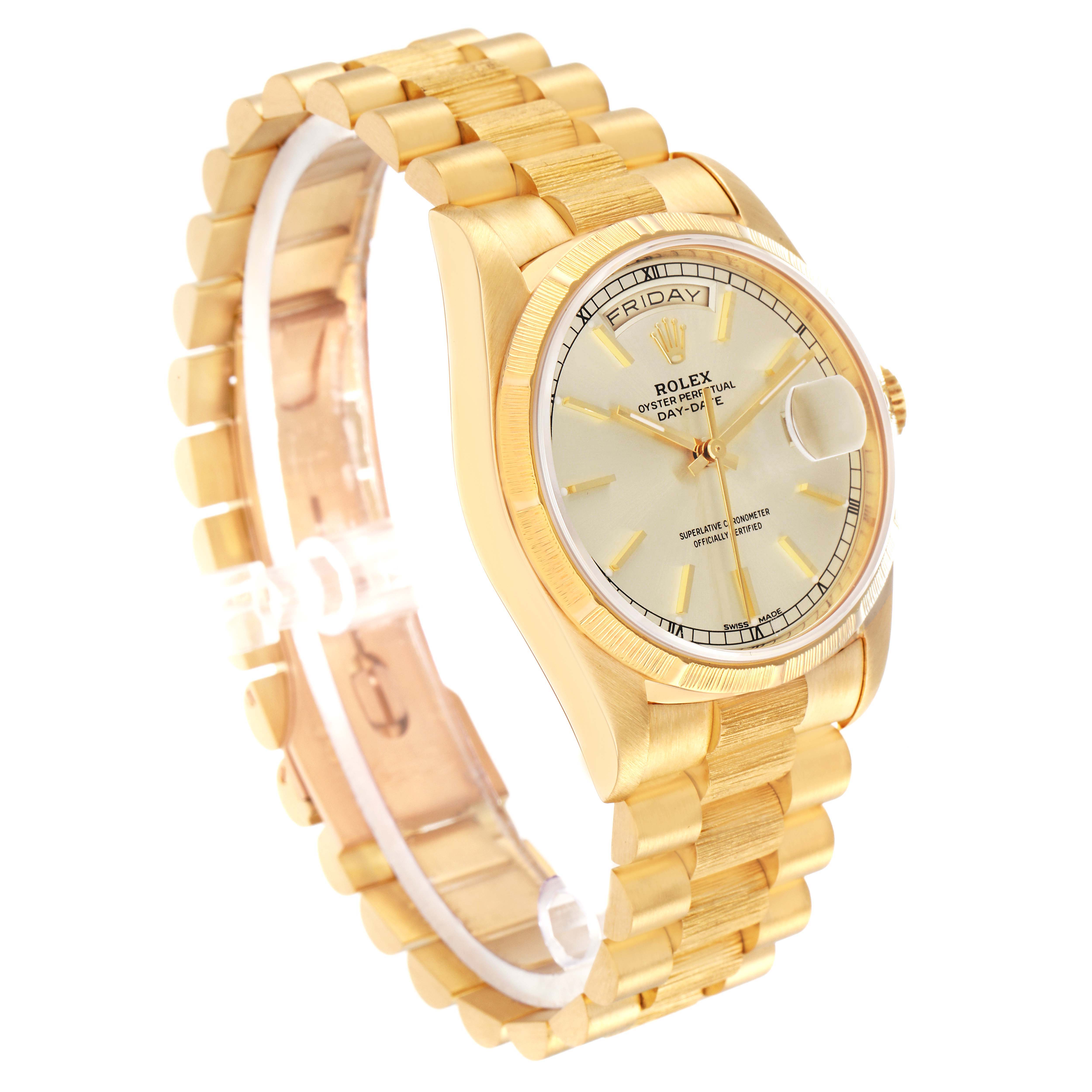 The Rolex President model 18248 men's watch is shown at a three-quarter angle, highlighting the gold bracelet, bezel, and face with a day-date display.