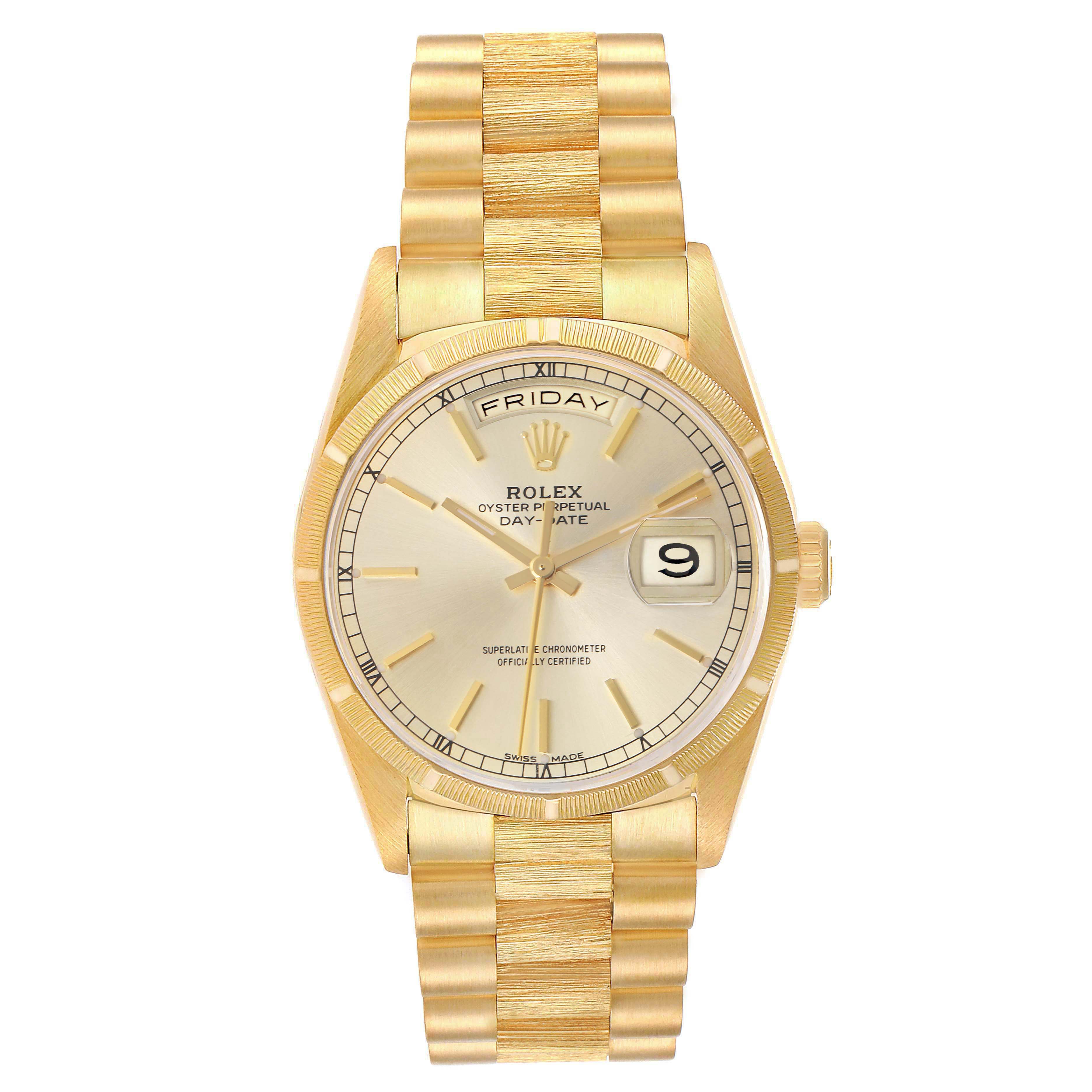 The image shows a frontal view of the Rolex President model watch, model number 18248, highlighting the dial, bracelet, crown, and day-date display.