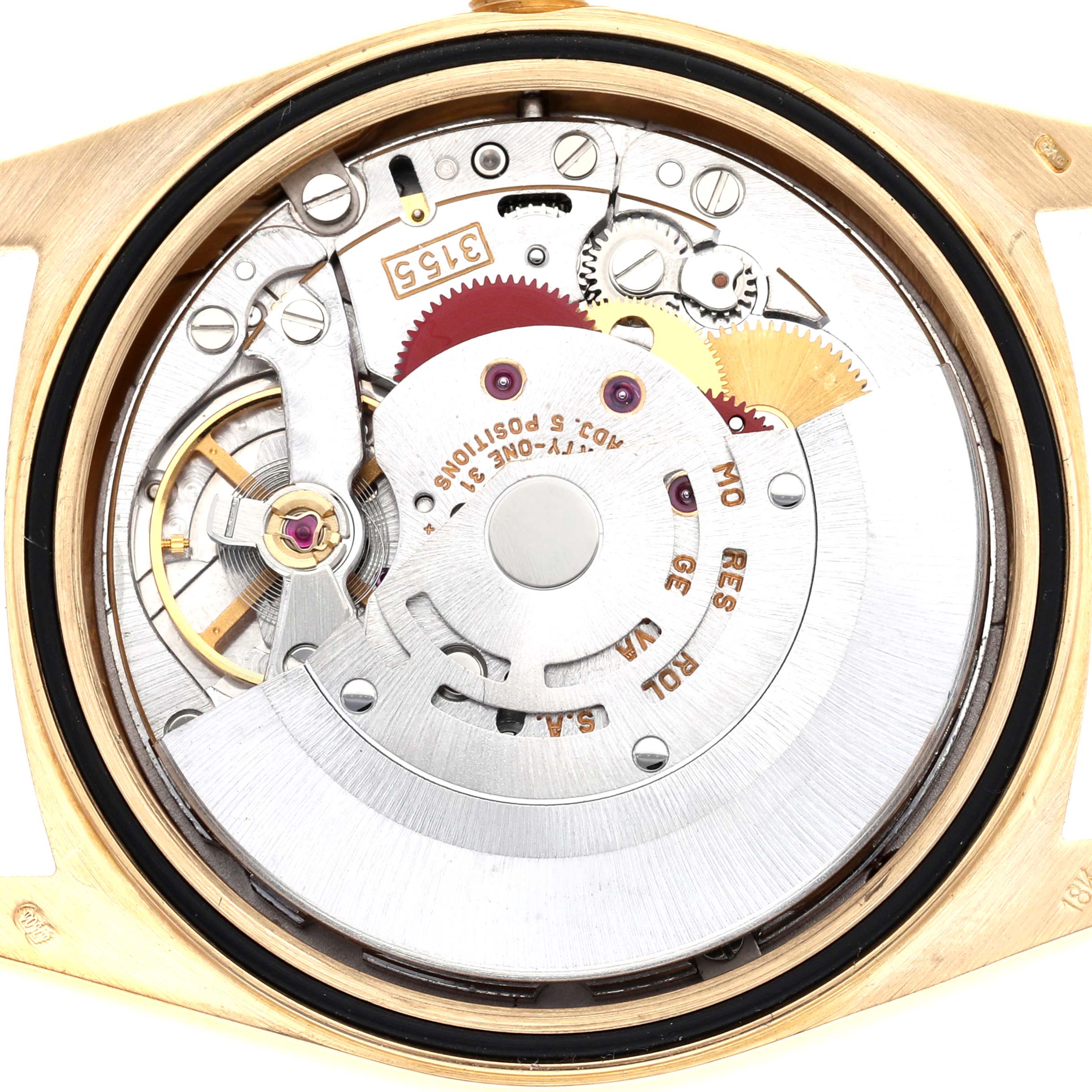 The image shows the internal mechanics of a Rolex President model watch, model number 18248, viewed from the back, displaying gears and the rotor.