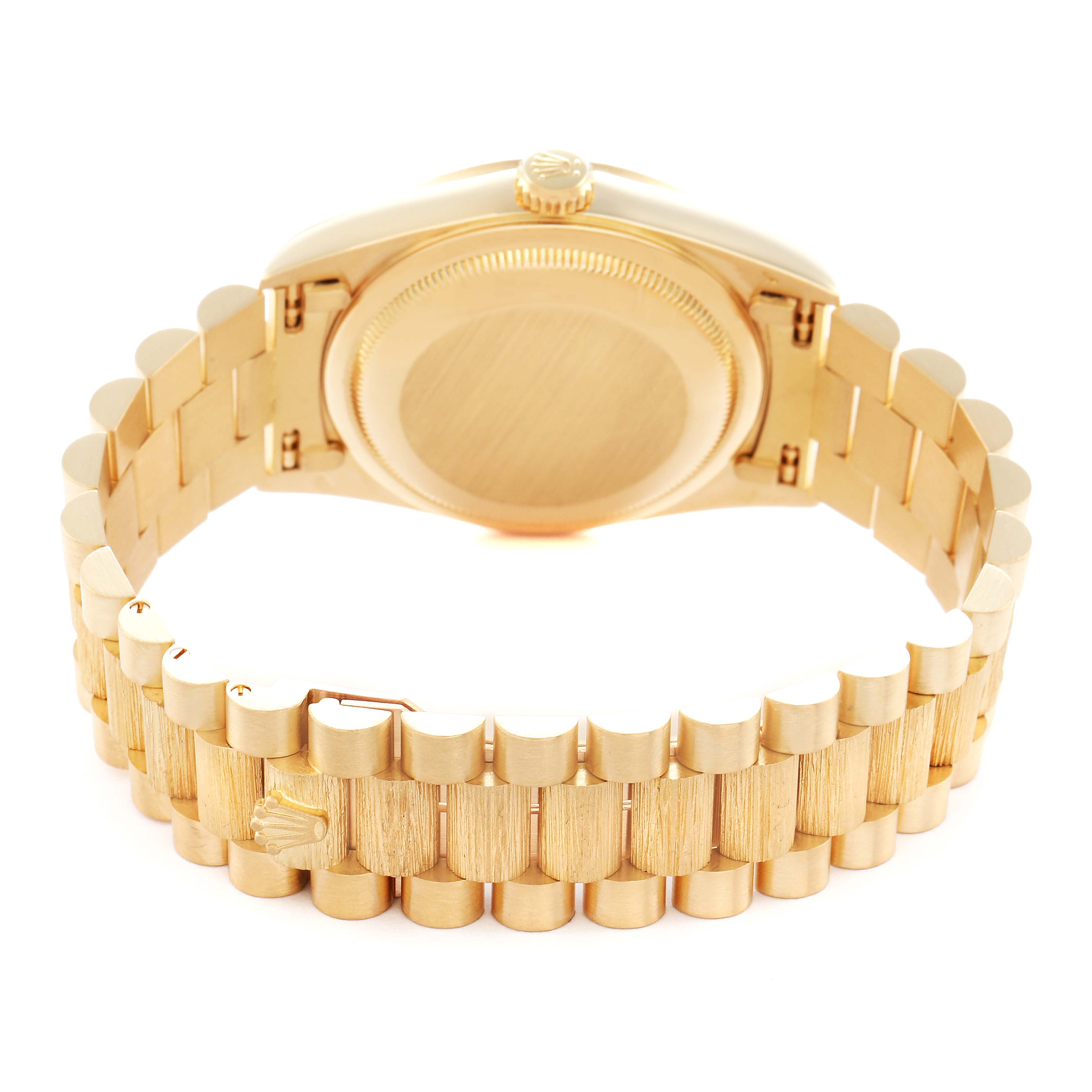 The image shows the backside of a Rolex President watch, model 18248, highlighting the case back, bracelet, and clasp.