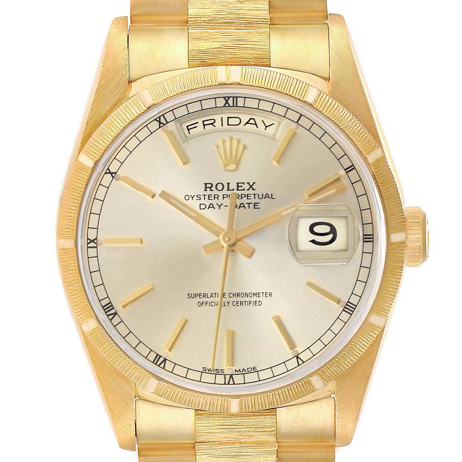 The Rolex President model 18248 is shown from the front, displaying the dial, day-date window, gold markers, bezel, and part of the bracelet.