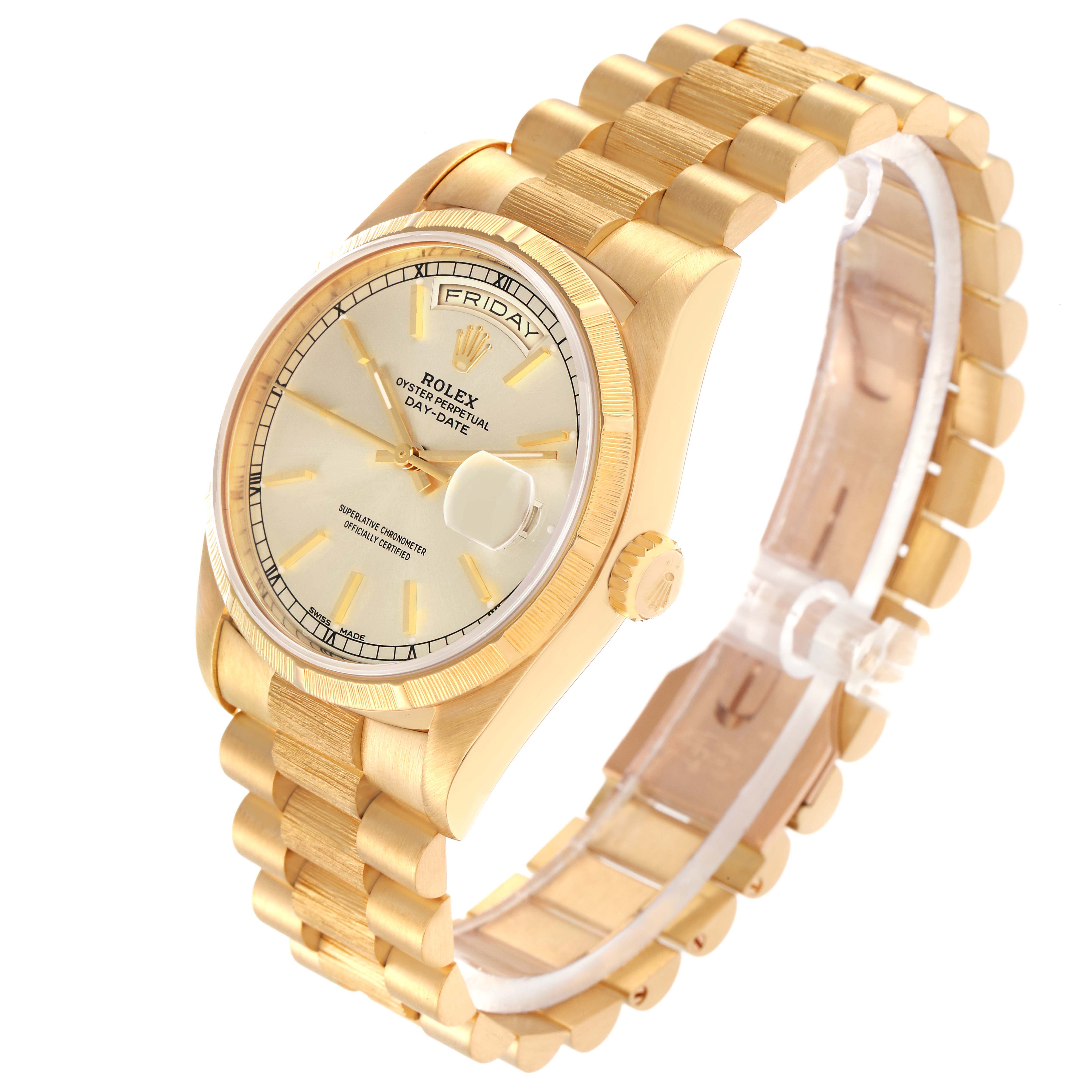 The image shows a Rolex President model 18248 men's watch at a three-quarter angle highlighting the watch face, bracelet, and side view of the case and crown.