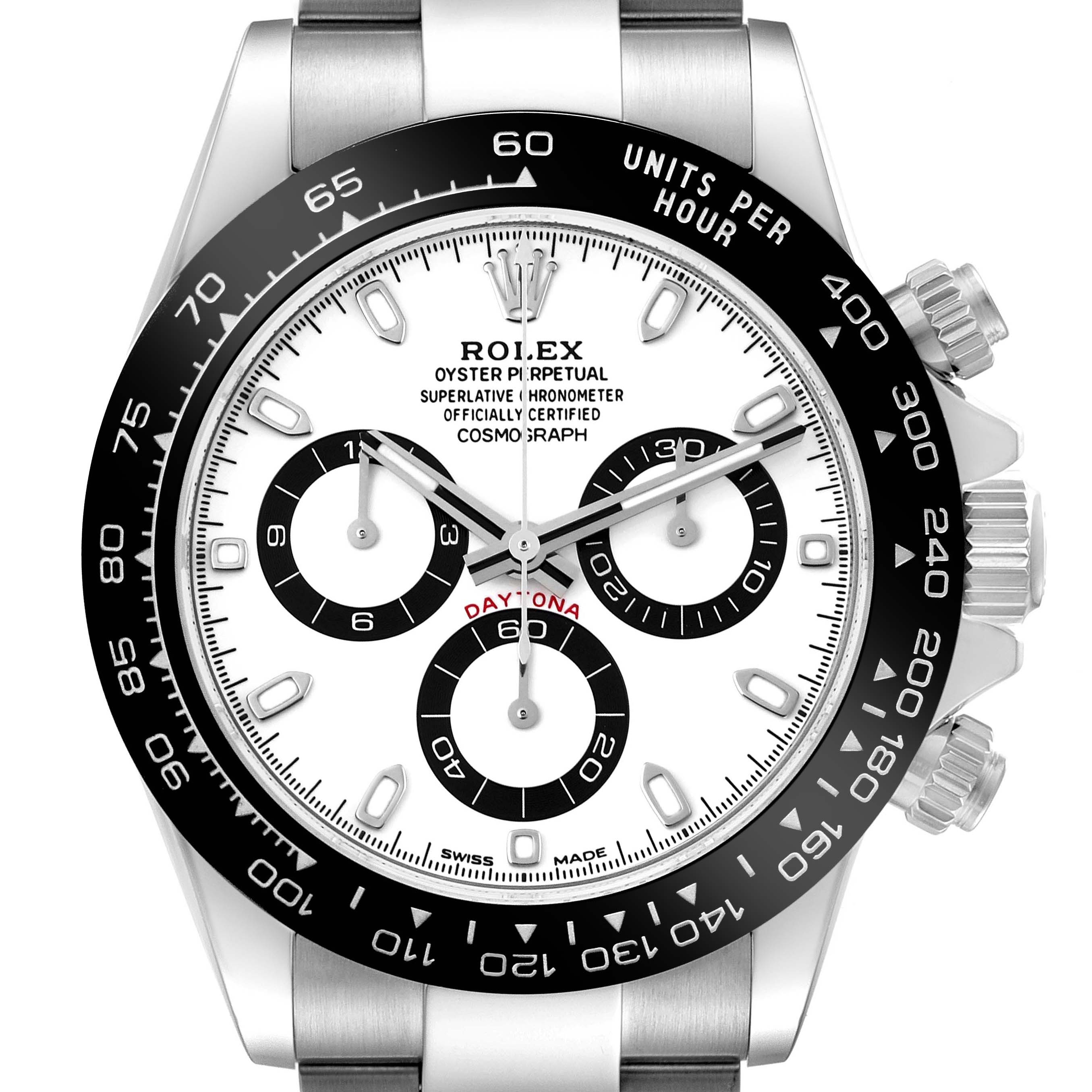 The image shows a front view of the Rolex Daytona 116500LN Men's Stainless Steel White Dial 116500LN Men's Stainless Steel White Dial watch, highlighting the dial, bezel, and chronograph sub-dials.