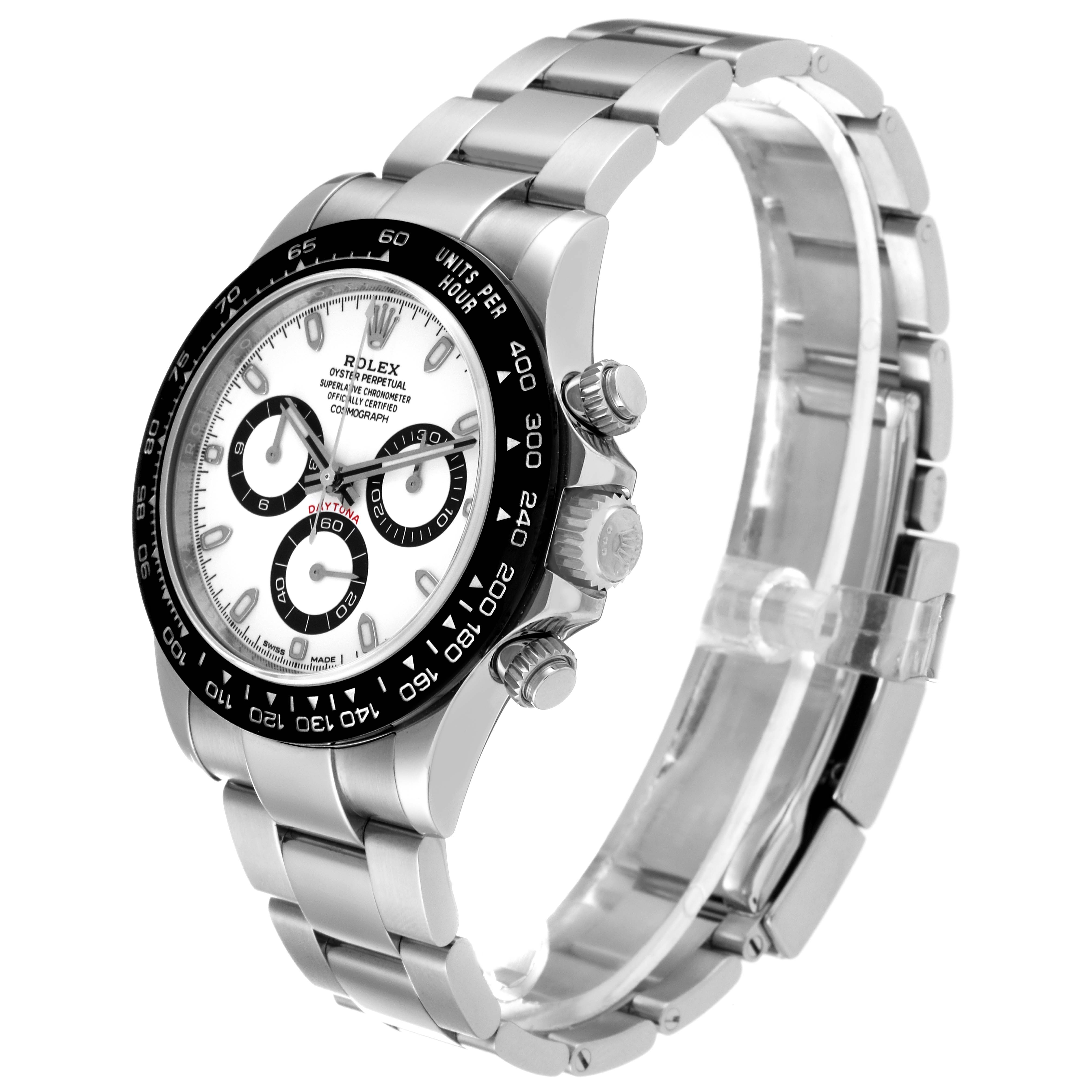 The image shows a side angle of a Rolex Daytona 116500LN Men's Stainless Steel White Dial 116500LN Men's Stainless Steel White Dial watch, highlighting its stainless steel case, bracelet, and chronograph dials.