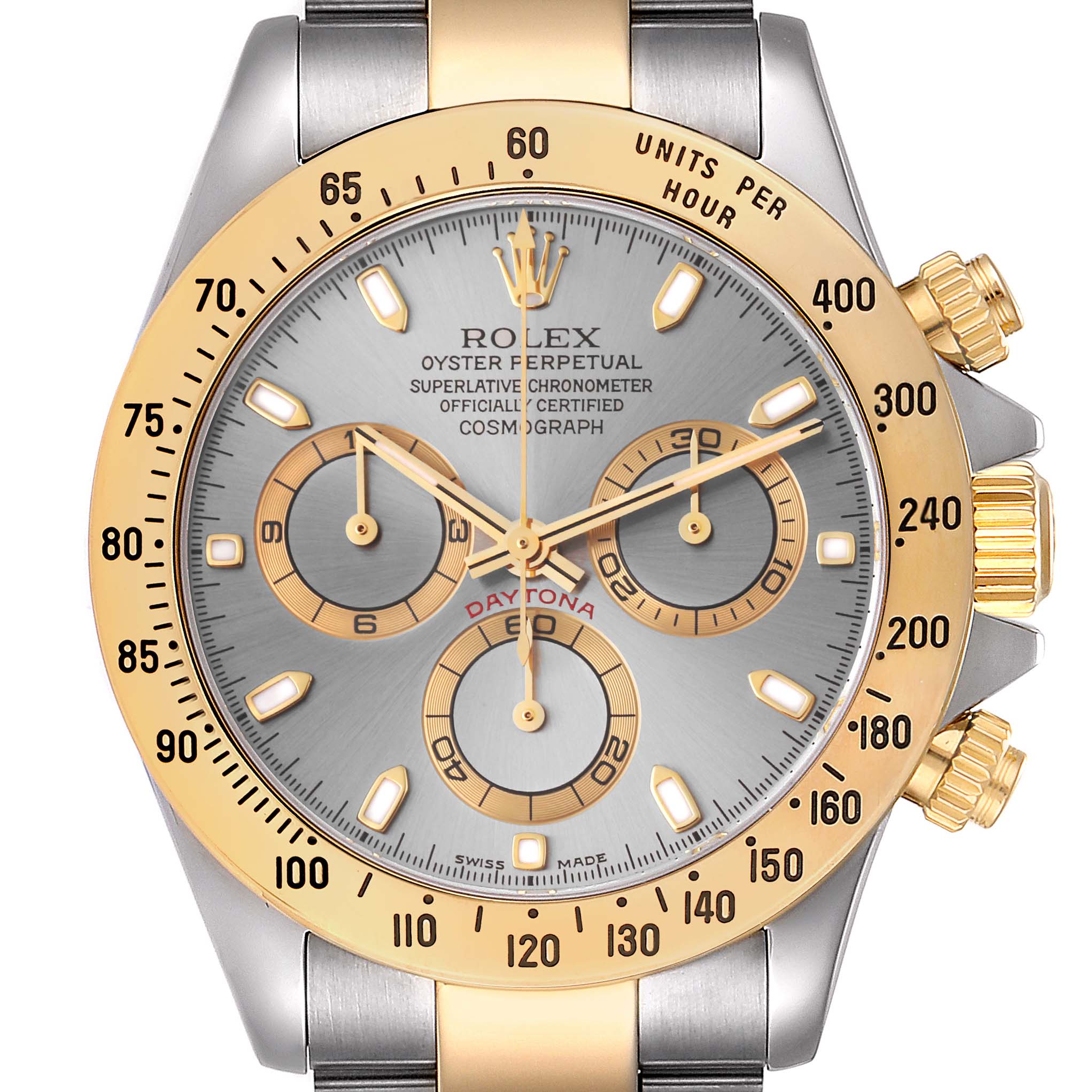 The image shows a frontal view of the Rolex Daytona 116523 Men's Steel and Gold (two tone) Grey Dial 116523 Men's Steel and Gold (two tone) Grey Dial watch, highlighting its bezel, dial, subdials, and crown.