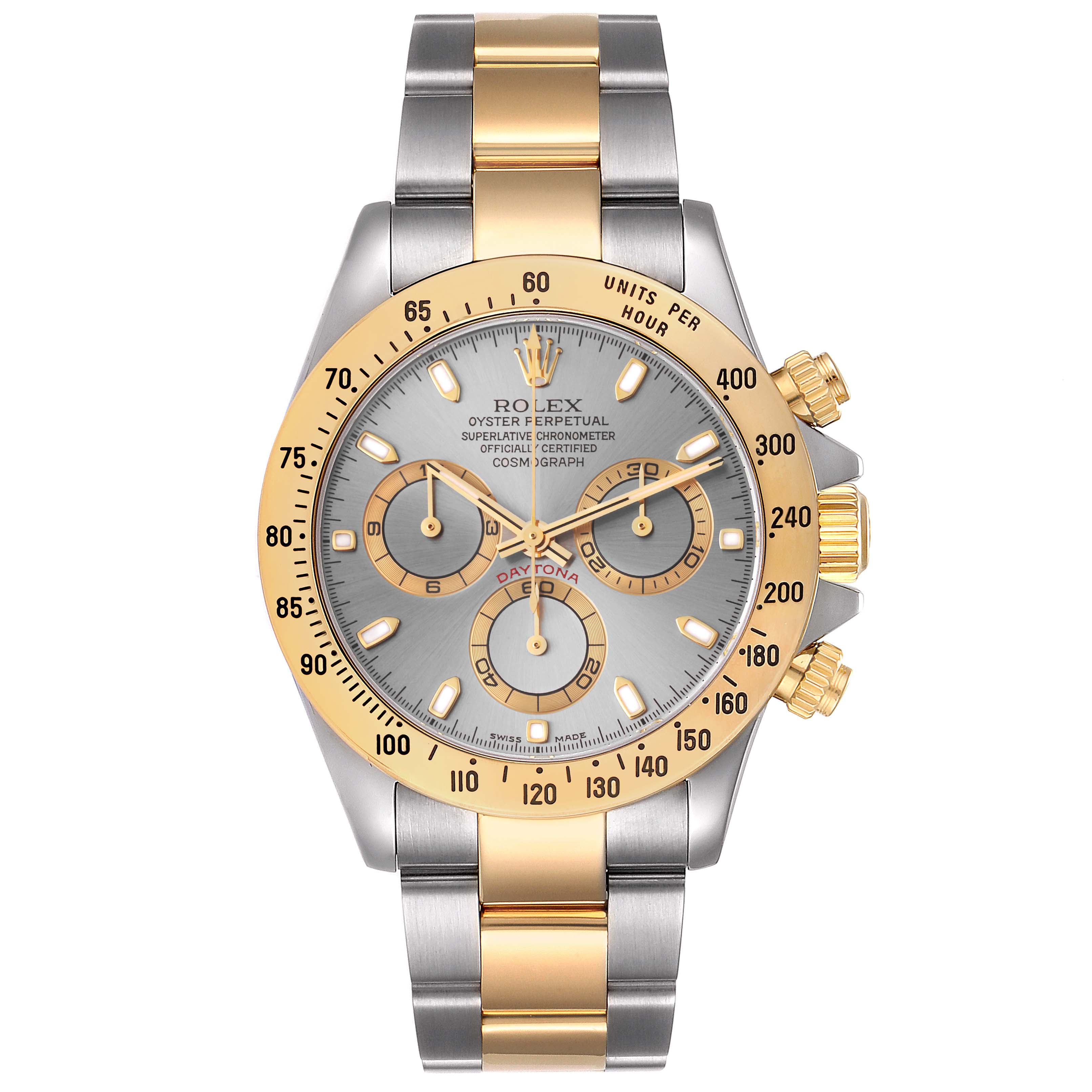 The image shows a front view of a Rolex Daytona 116523 Men's Steel and Gold (two tone) Grey Dial 116523 Men's Steel and Gold (two tone) Grey Dial watch, highlighting the face, bezel, subdials, and bracelet in stainless steel and gold.