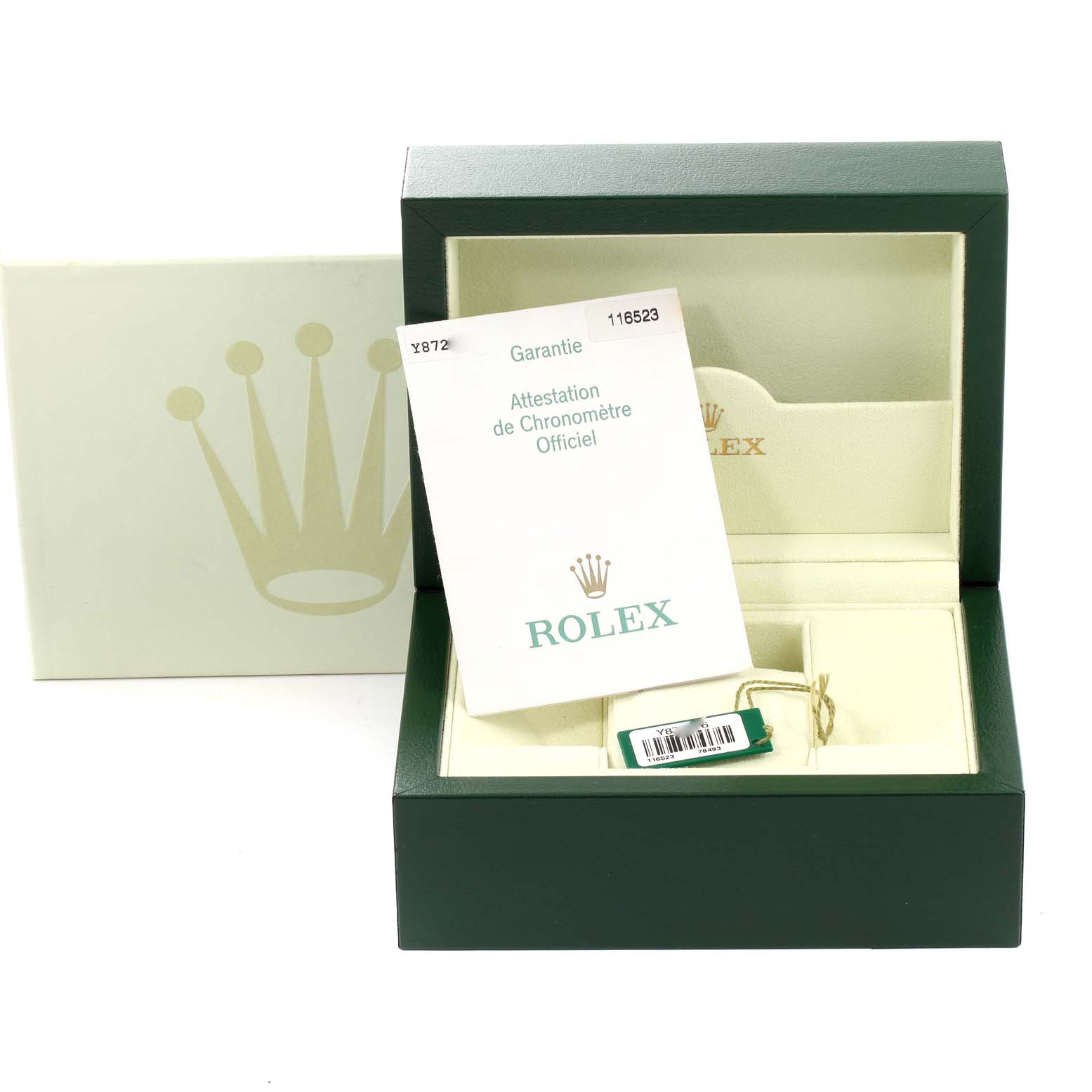 The image shows the open box of a Rolex Daytona 116523 Men's Steel and Gold (two tone) Grey Dial 116523 Men's Steel and Gold (two tone) Grey Dial watch, including the warranty card and tags.