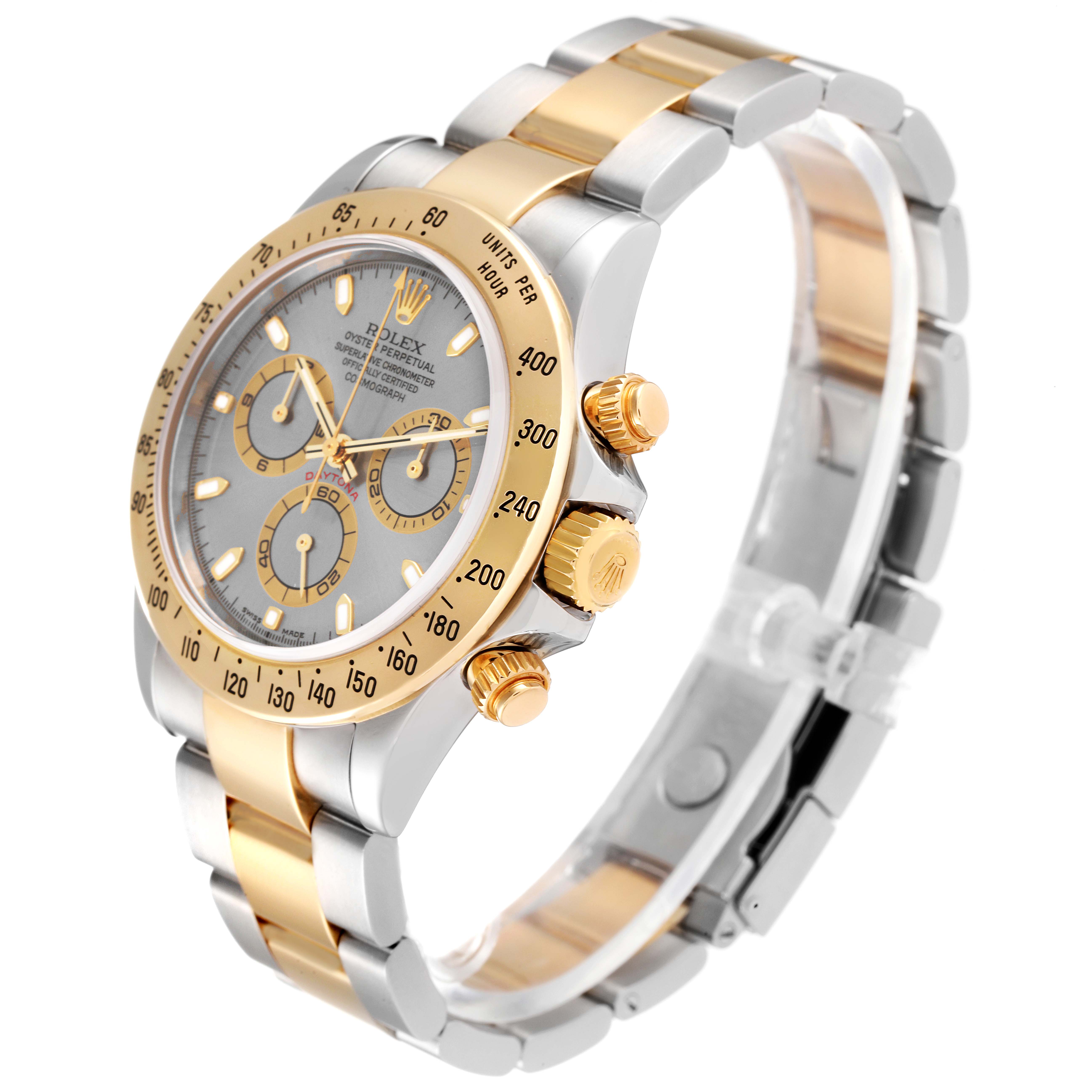 This image shows a gold and silver Rolex Daytona 116523 Men's Steel and Gold (two tone) Grey Dial 116523 Men's Steel and Gold (two tone) Grey Dial watch from an angled side view, highlighting the face, bezel, and band.