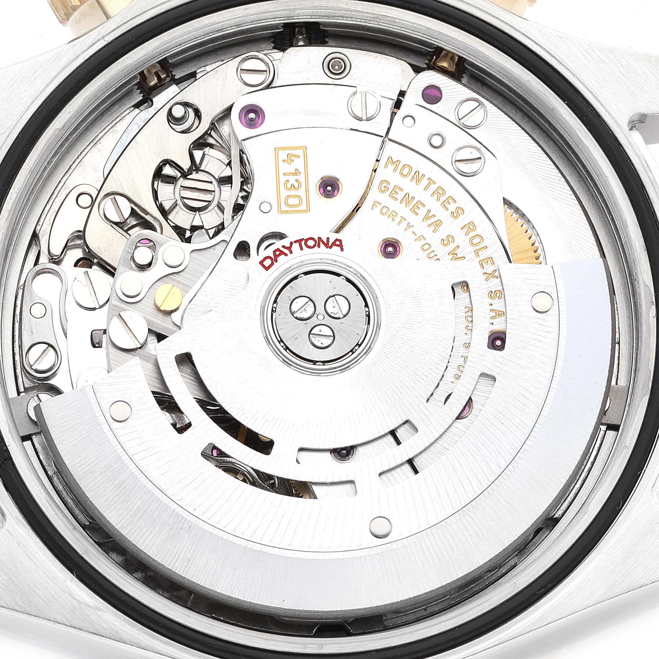 This image shows the internal mechanics of a Rolex Daytona 116523 Men's Steel and Gold (two tone) Grey Dial 116523 Men's Steel and Gold (two tone) Grey Dial watch from a close-up, top-down angle.