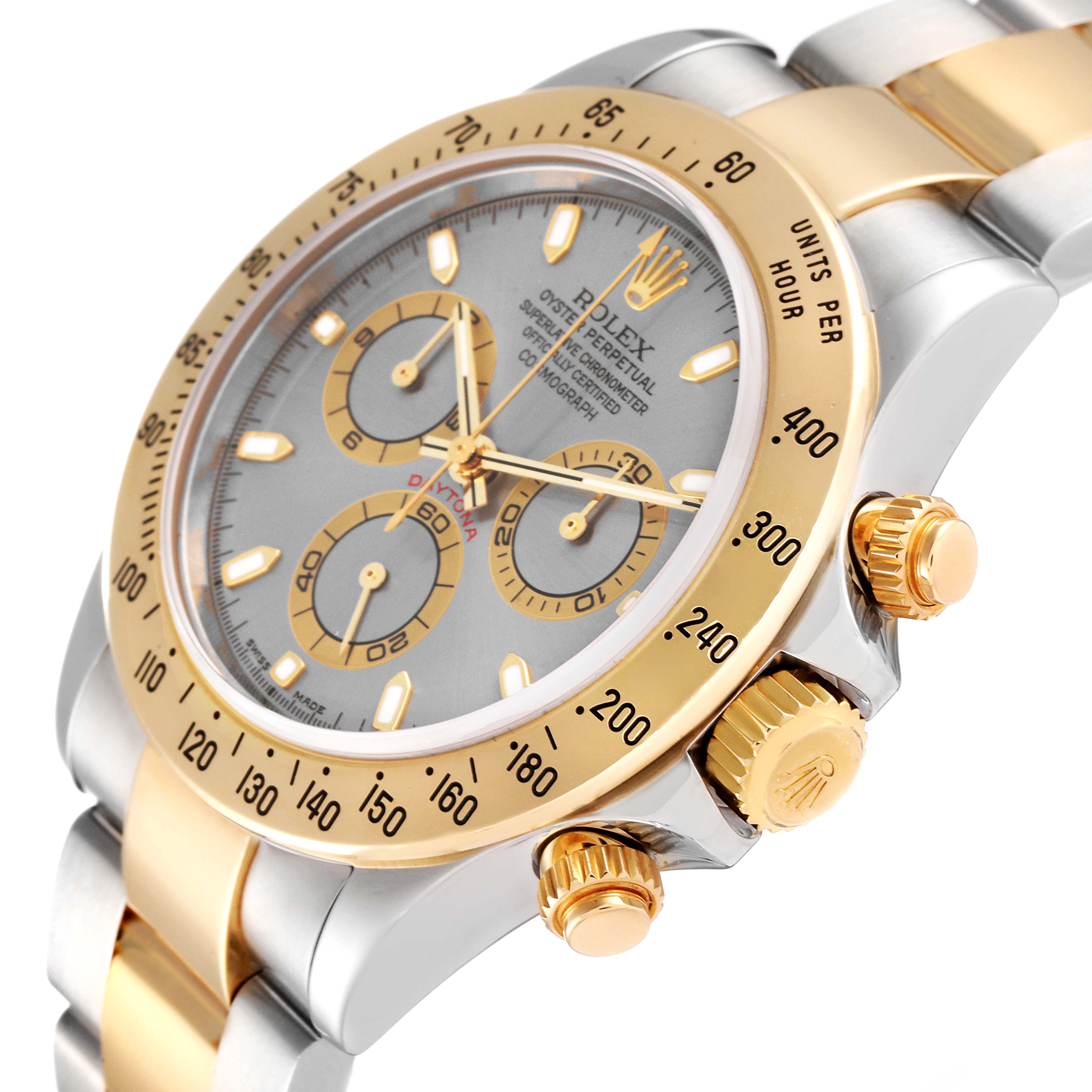 This image displays a close-up angle of the Rolex Daytona 116523 Men's Steel and Gold (two tone) Grey Dial 116523 Men's Steel and Gold (two tone) Grey Dial watch, highlighting the dial, bezel, crown, and part of the bracelet.