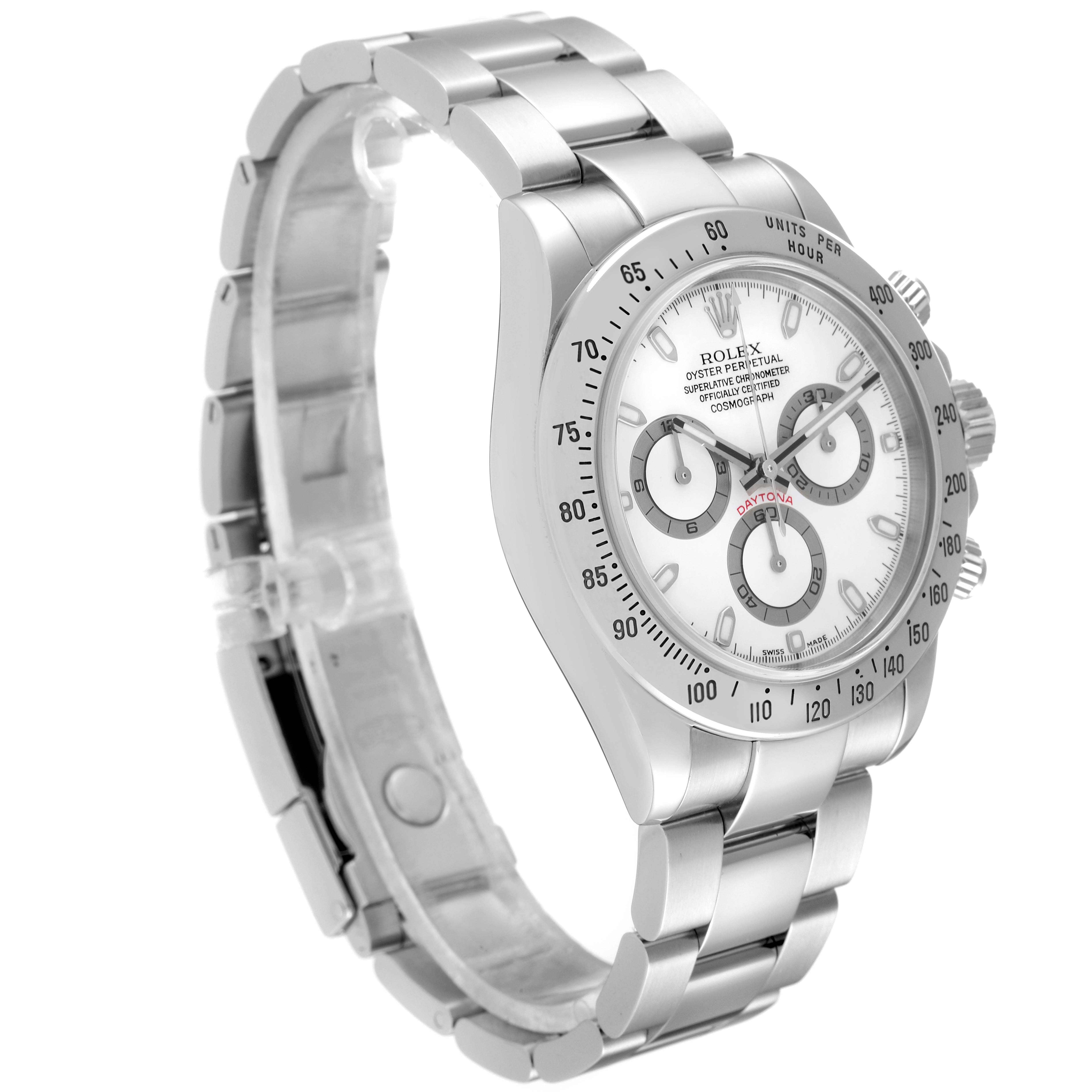 The Rolex Daytona 116520 Men's Stainless Steel White Dial 116520 Men's Stainless Steel White Dial watch is shown from a three-quarter angle, displaying its face, bezel, and bracelet.