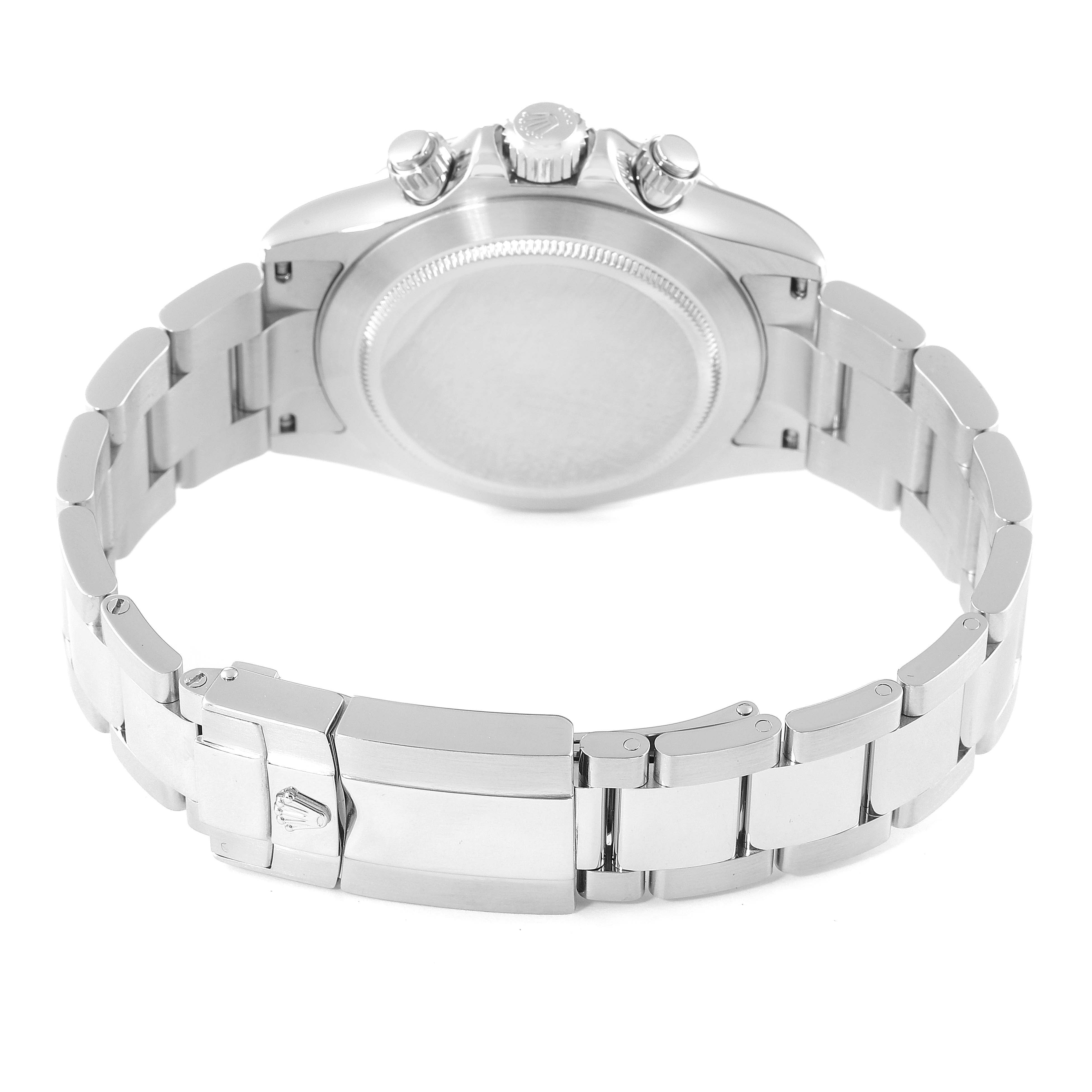This image shows the back case, bracelet, and clasp of a Rolex Daytona 116520 Men's Stainless Steel White Dial 116520 Men's Stainless Steel White Dial watch from a rear angle.