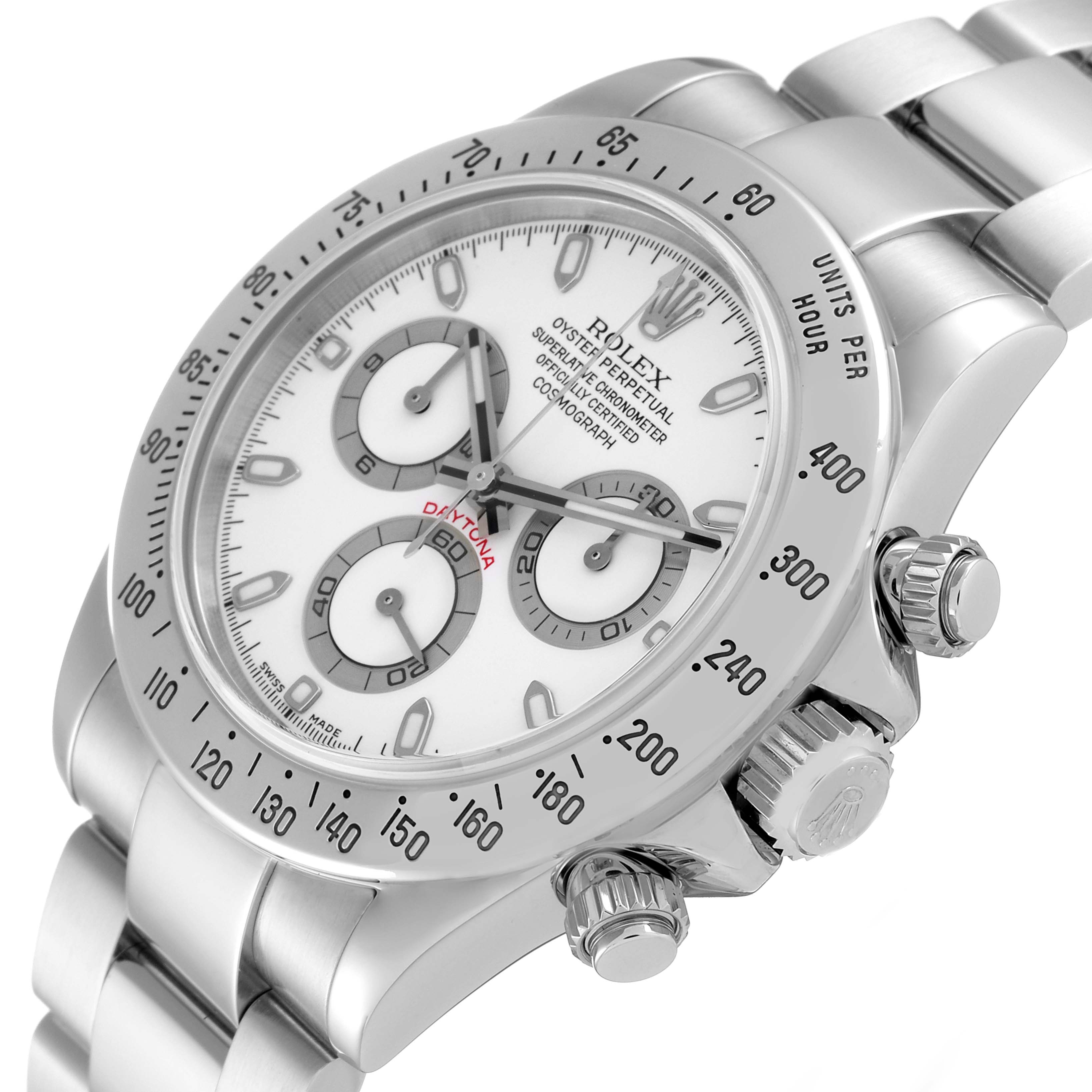The Rolex Daytona 116520 Men's Stainless Steel White Dial 116520 Men's Stainless Steel White Dial watch is shown at an angle highlighting the face, bezel, crown, and part of the bracelet.