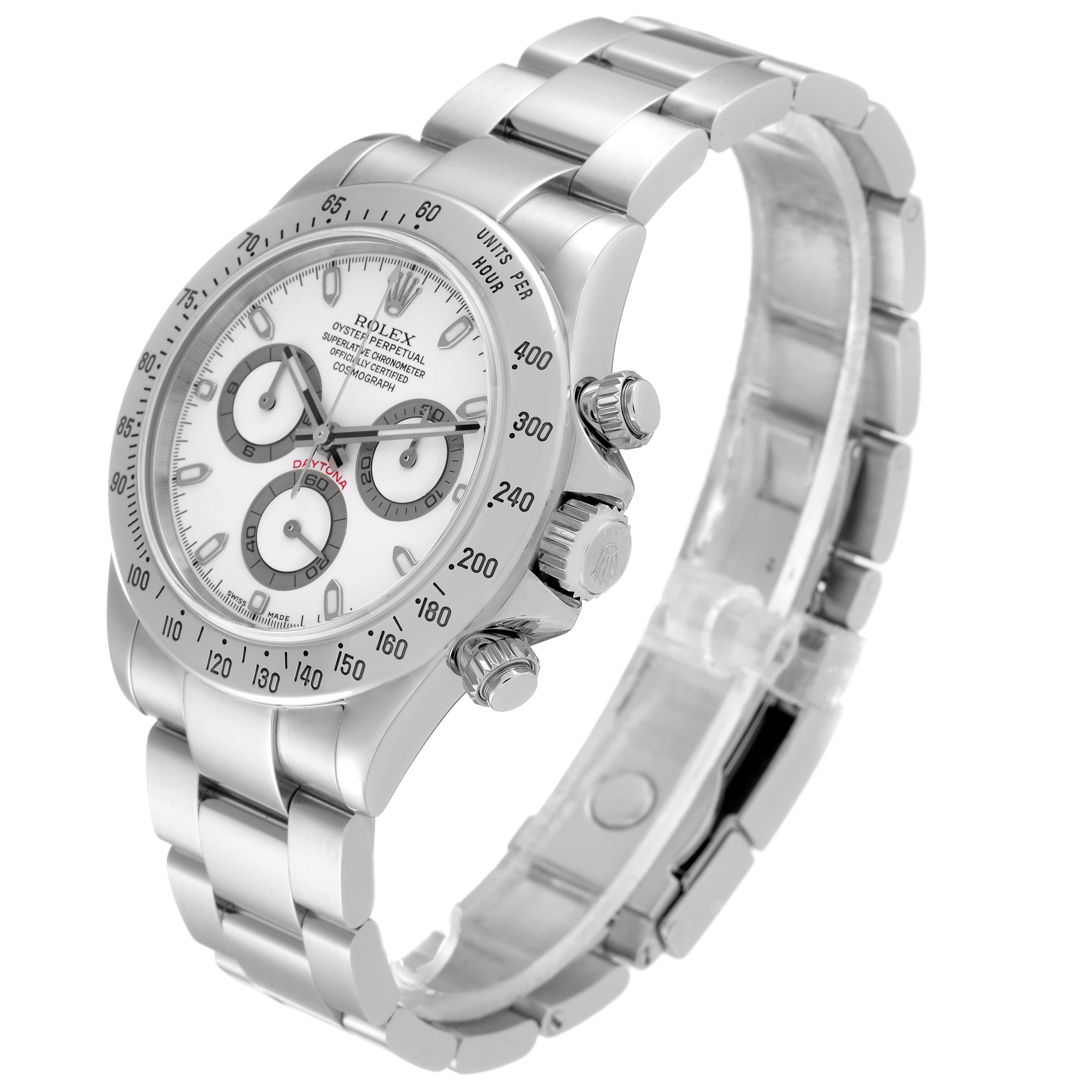 This image shows a Rolex Daytona 116520 Men's Stainless Steel White Dial 116520 Men's Stainless Steel White Dial watch at an angled view, displaying the face, bezel, crown, pushers, and bracelet clearly.