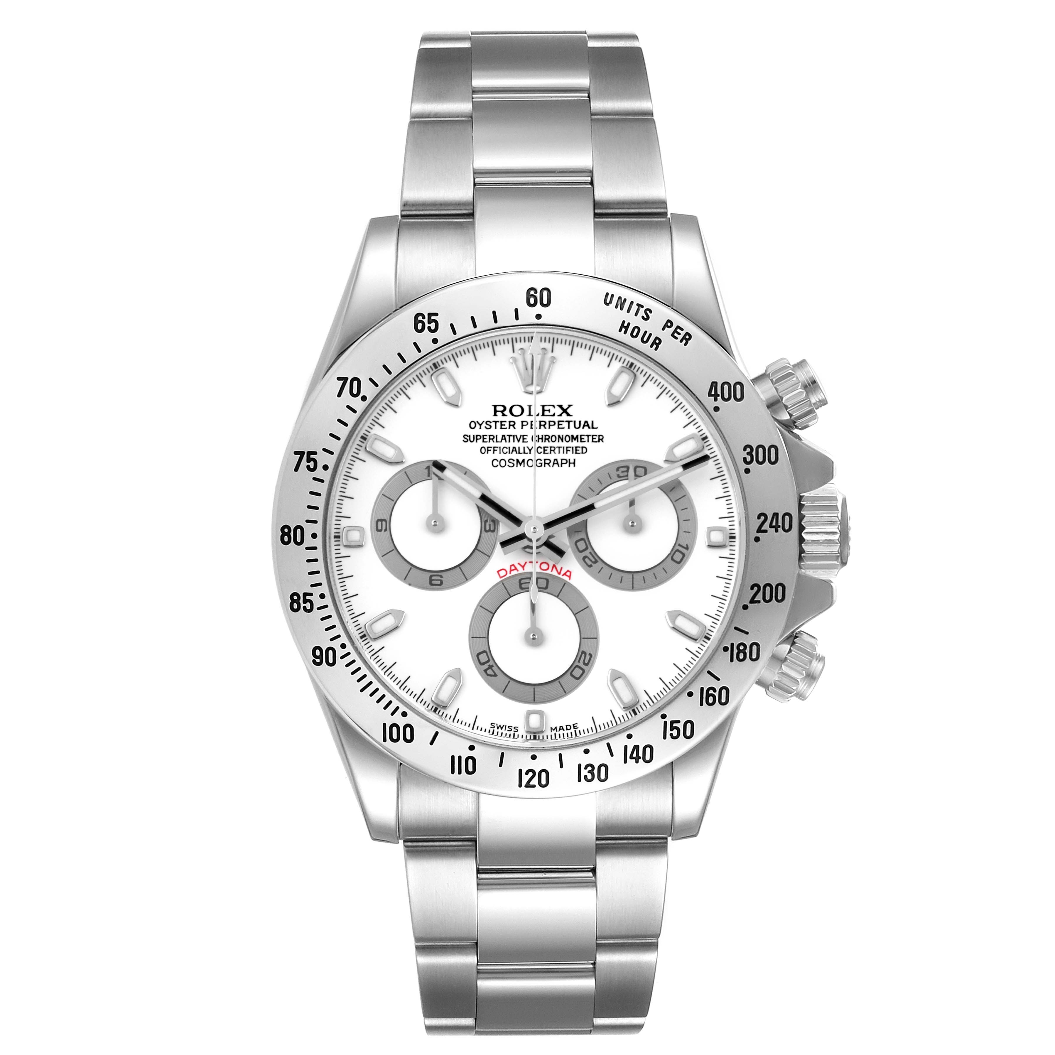 The image shows a front view of a Rolex Daytona 116520 Men's Stainless Steel White Dial 116520 Men's Stainless Steel White Dial watch, highlighting its dial, bezel, and stainless steel bracelet.