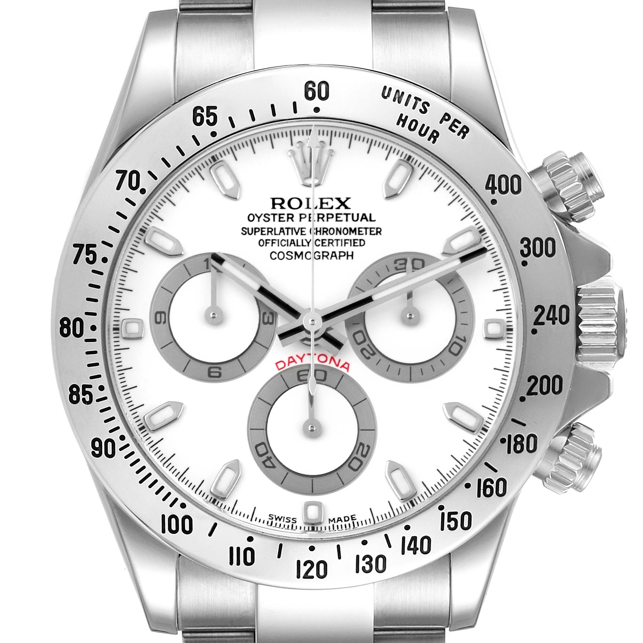 The image shows a close-up, frontal view of the Rolex Daytona 116520 Men's Stainless Steel White Dial 116520 Men's Stainless Steel White Dial watch, highlighting the dial, bezel, and chronograph subdials.