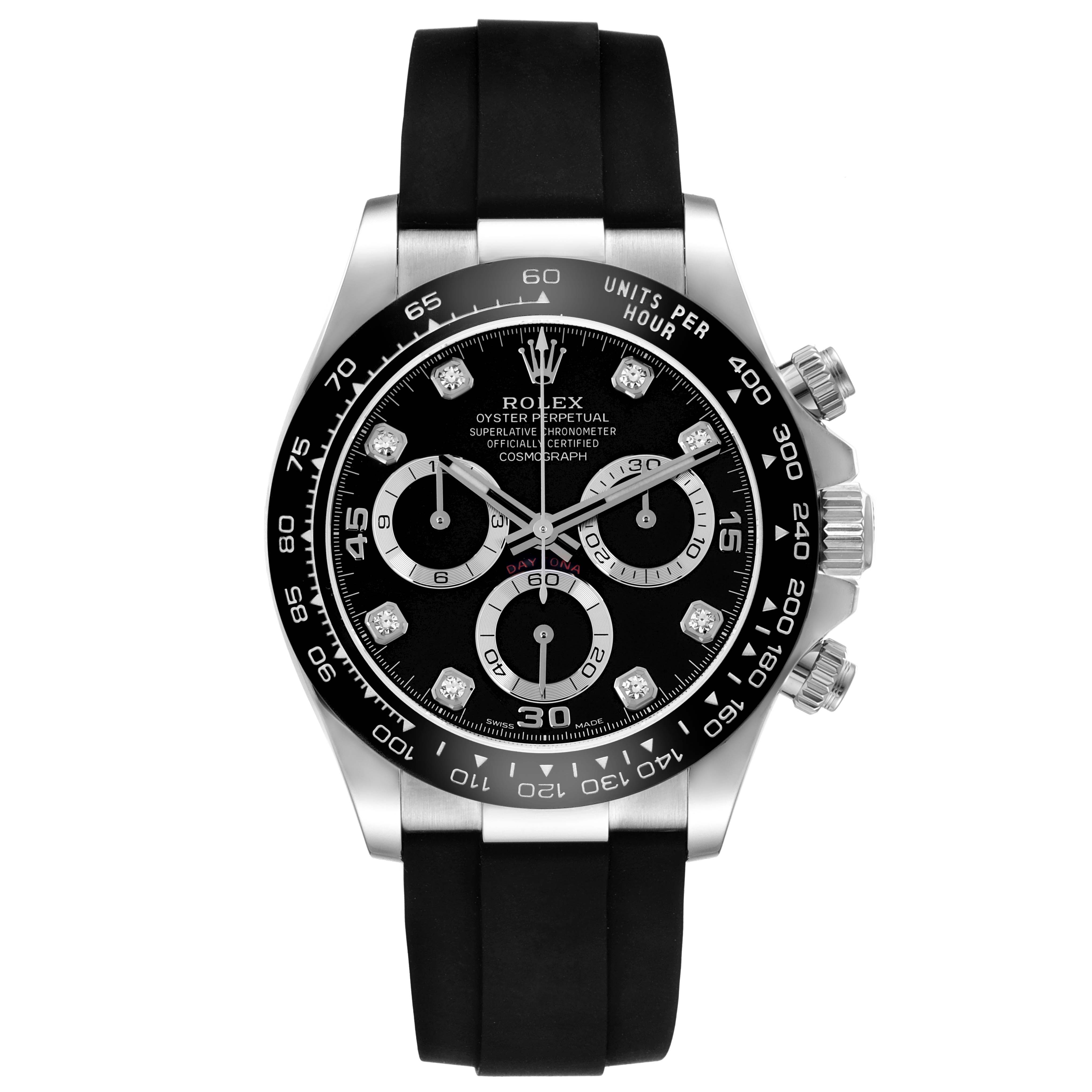 The image shows a Rolex Daytona model 116519 men
s watch from the front, displaying its dial, bezel, case, and part of the strap.