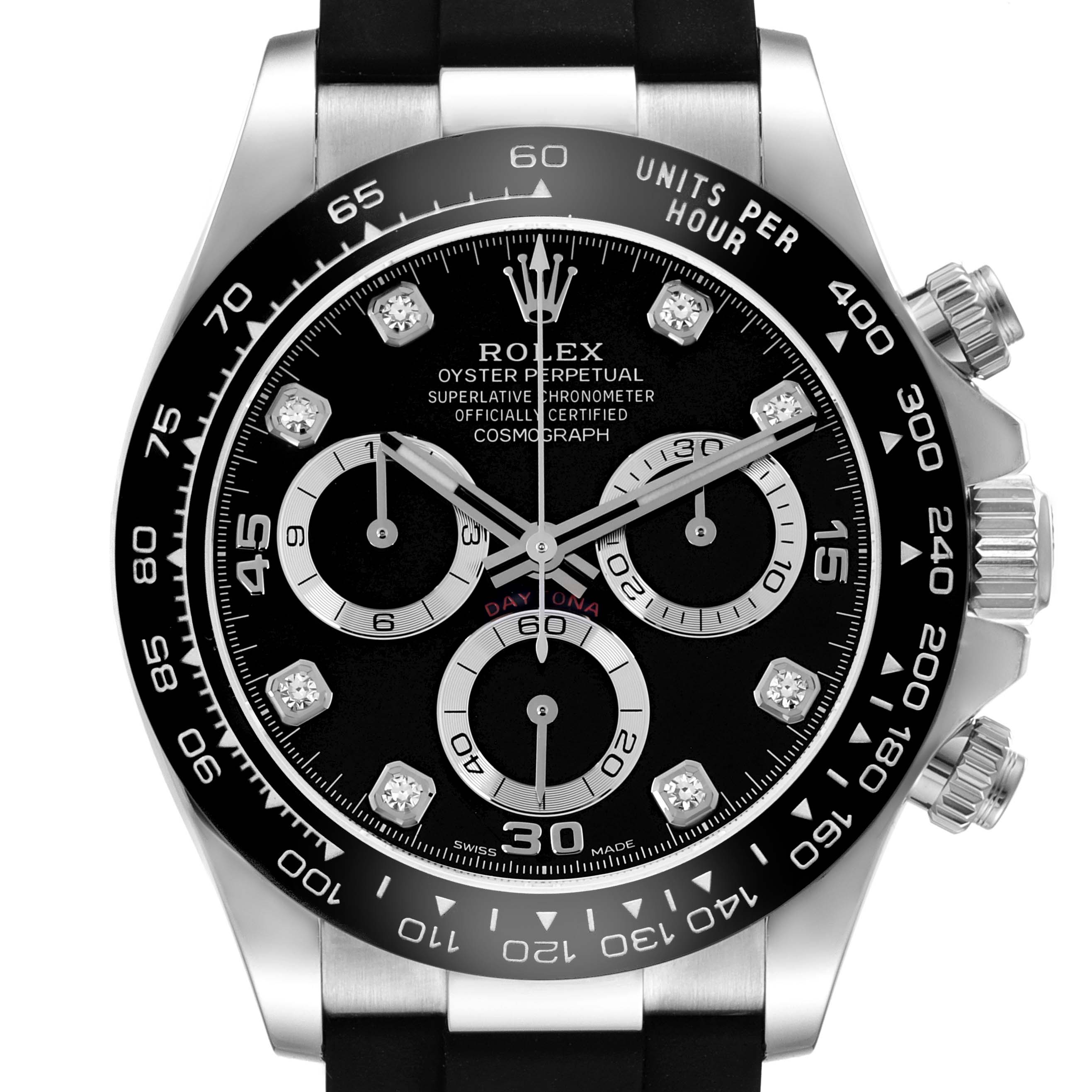 The Rolex Daytona model 116519 is shown from a front angle, highlighting the watch face, bezel, crown, and chronograph subdials.