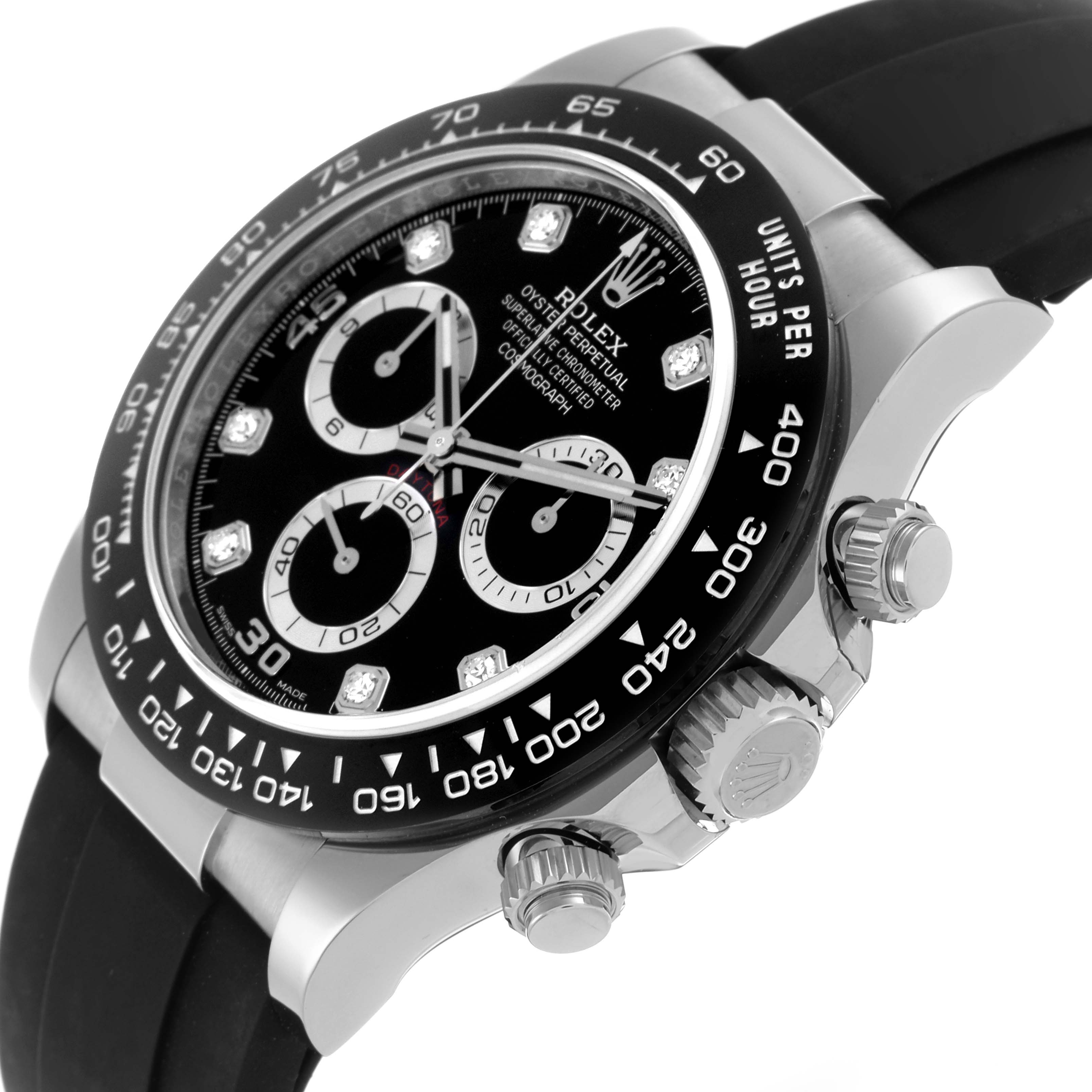The Rolex Daytona model 116519 is shown at an angled side view, highlighting the dial, bezel, crown, and pushers.