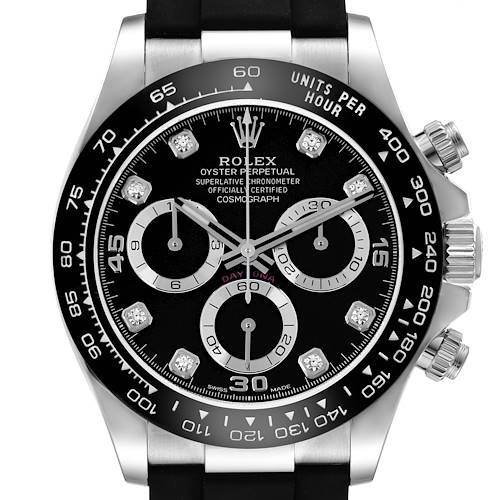The image shows a front view of a Rolex Daytona model, model number 116519, highlighting the black dial, subdials, bezel, and crown.