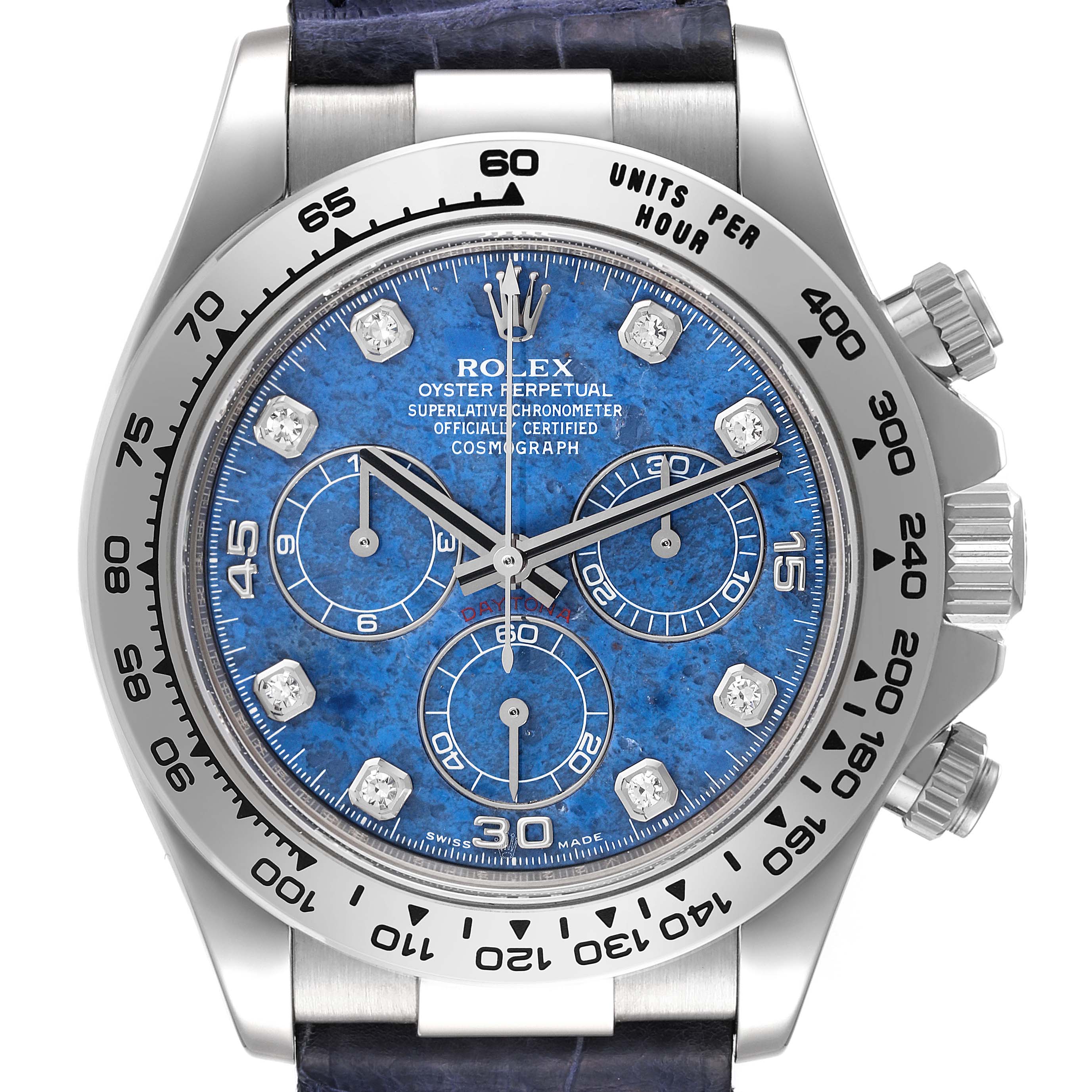 This image shows a front view of a Rolex Daytona 116519 Men's White Gold Blue Dial 116519 Men's White Gold Blue Dial watch, highlighting its blue dial, chronograph subdials, and bezel markings.