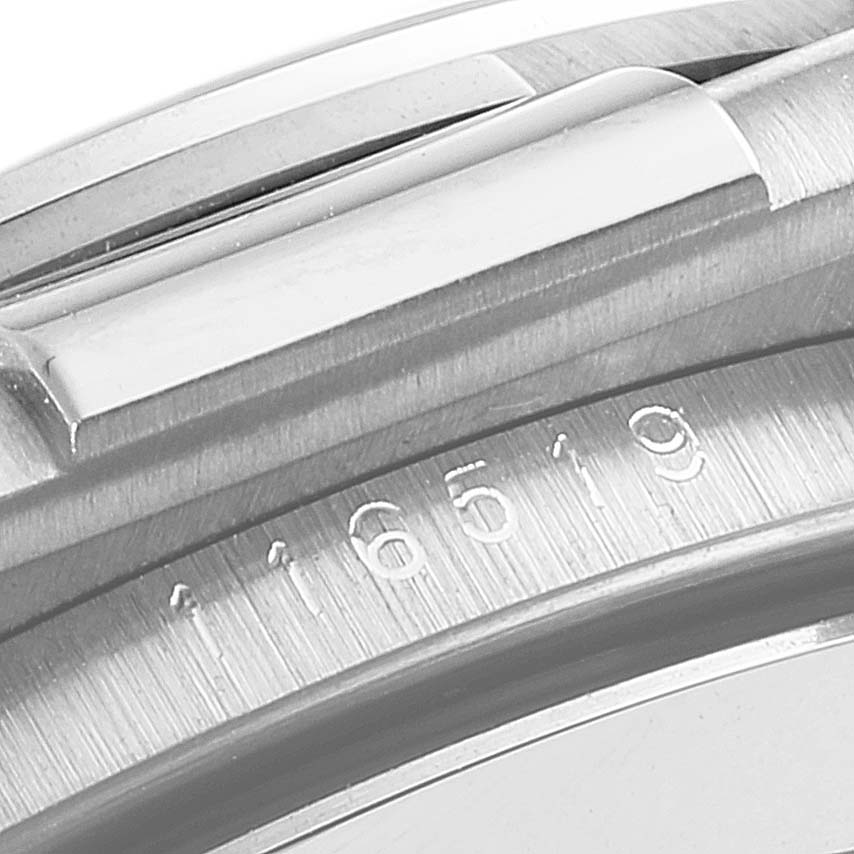 This image shows a close-up of the serial number on the bezel area of a Rolex Daytona 116519 Men's White Gold Blue Dial 116519 Men's White Gold Blue Dial watch.