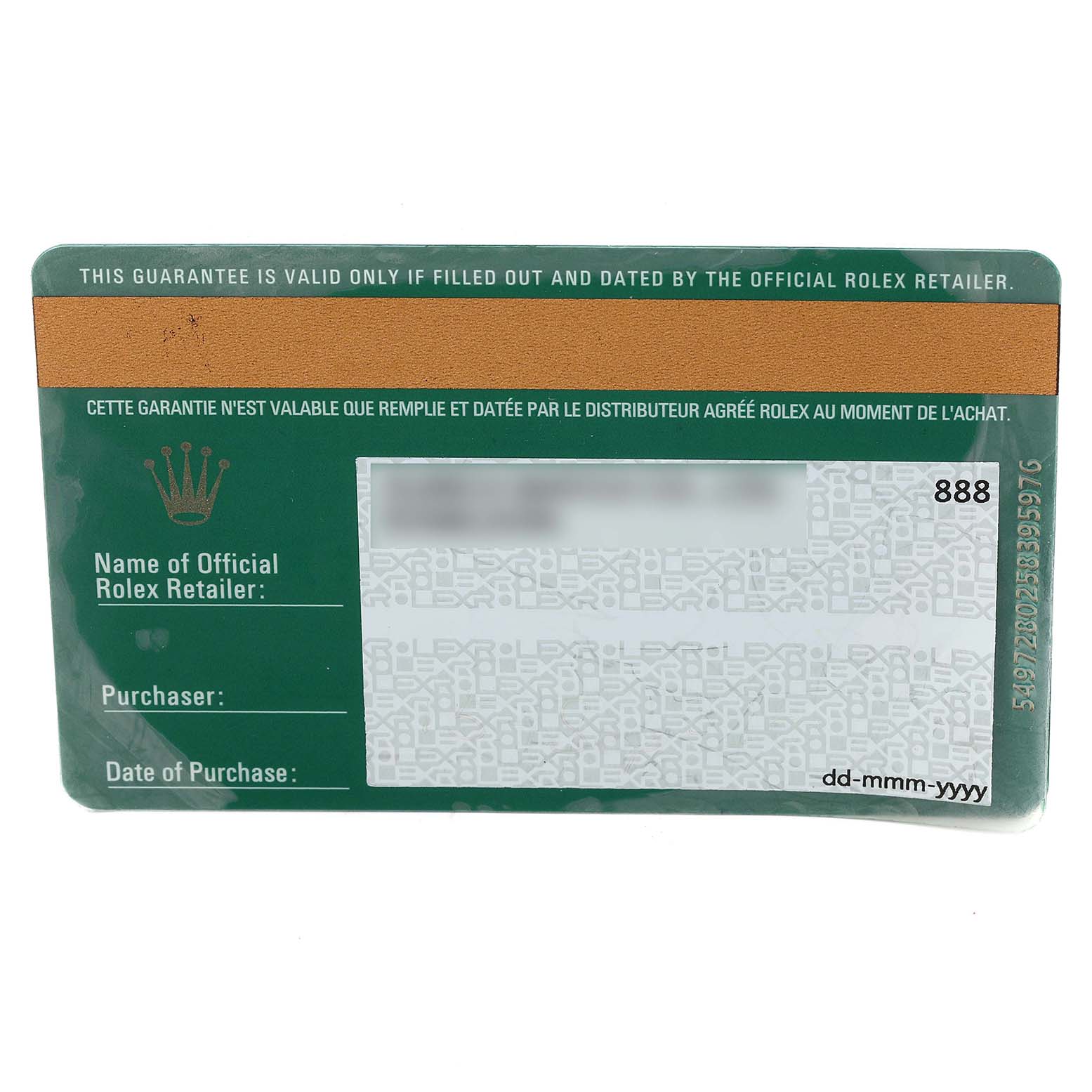 This image shows the warranty card for a Rolex Daytona 116519 Men's White Gold Blue Dial 116519 Men's White Gold Blue Dial watch, featuring the official Rolex hologram.