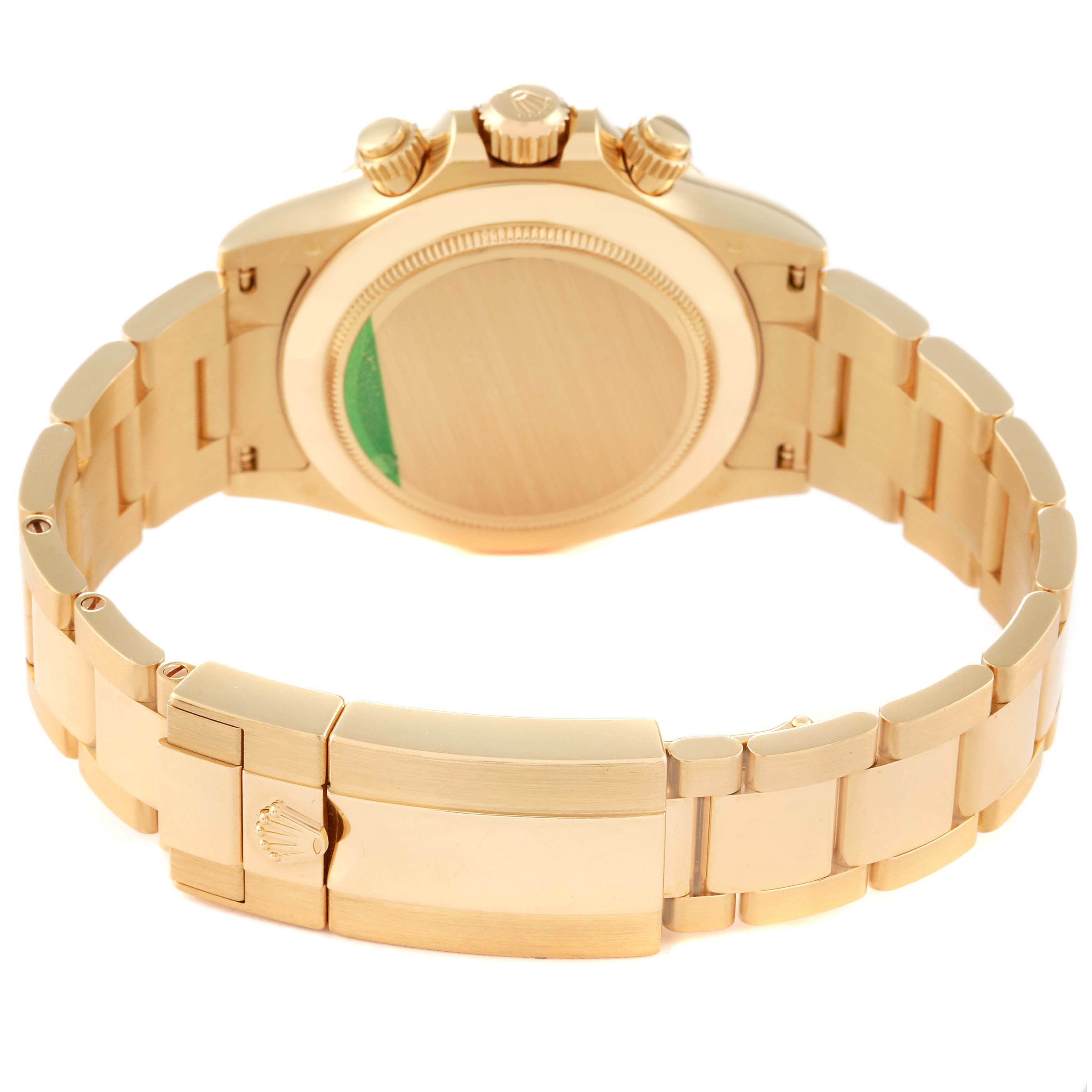 The image shows the back case and bracelet of a Rolex Daytona 116508 Men's Yellow Gold Green Dial 116508 Men's Yellow Gold Green Dial watch, viewed from the rear angle.