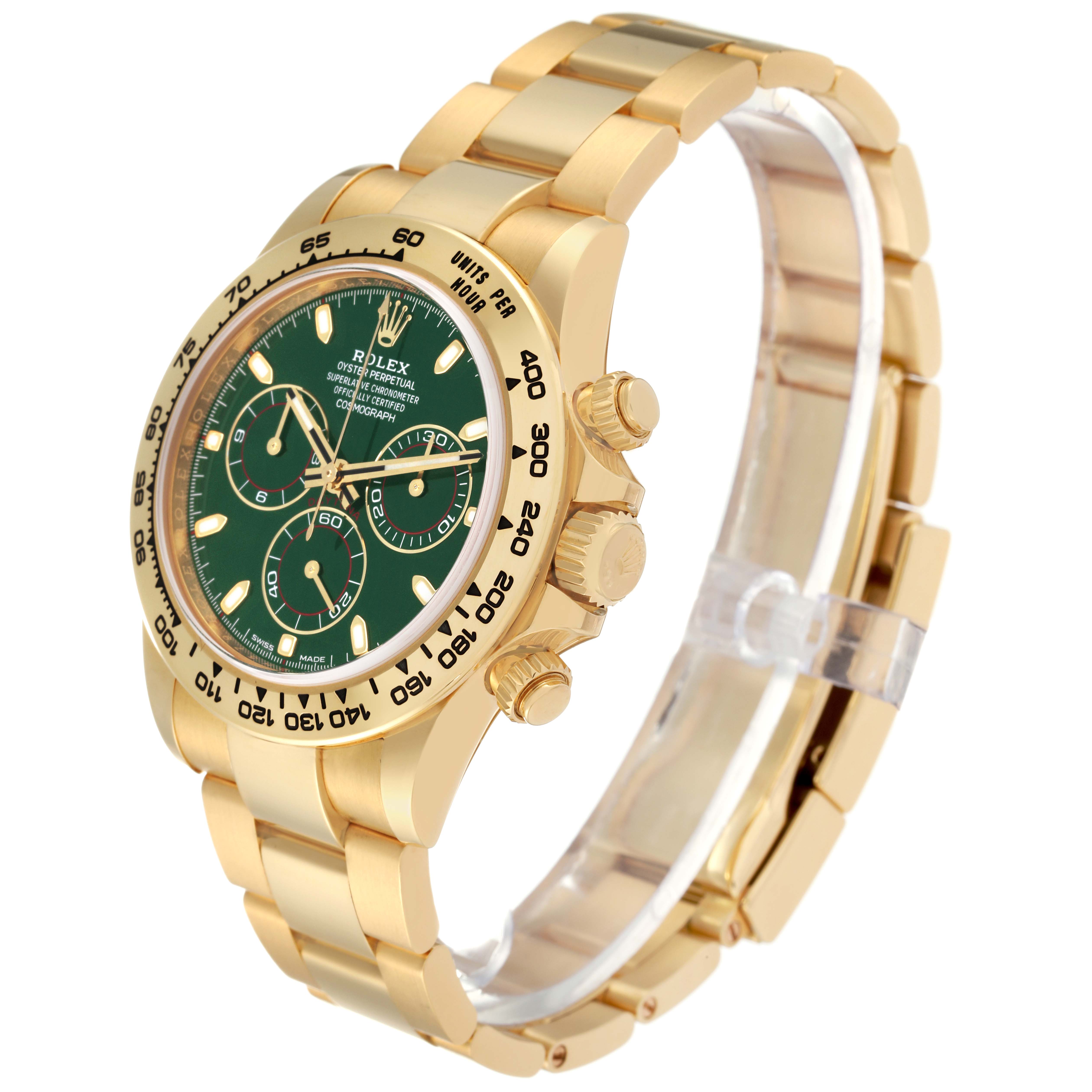 The image shows a side-angle view of a Rolex Daytona 116508 Men's Yellow Gold Green Dial 116508 Men's Yellow Gold Green Dial watch, focusing on the face, bezel, and bracelet.