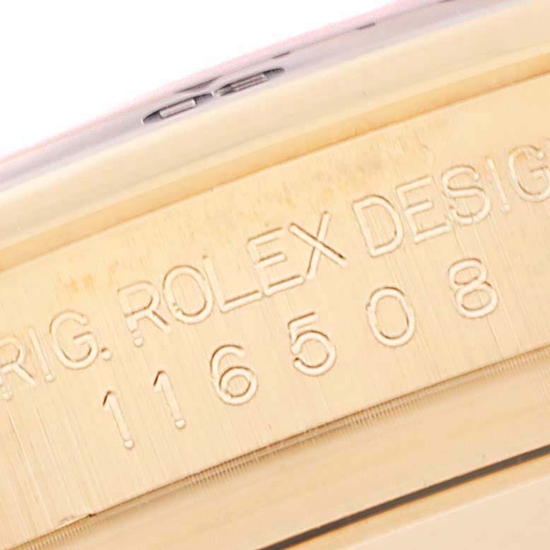 This is a close-up of the serial number and design engraving on the case of a Rolex Daytona 116508 Men's Yellow Gold Green Dial 116508 Men's Yellow Gold Green Dial watch.
