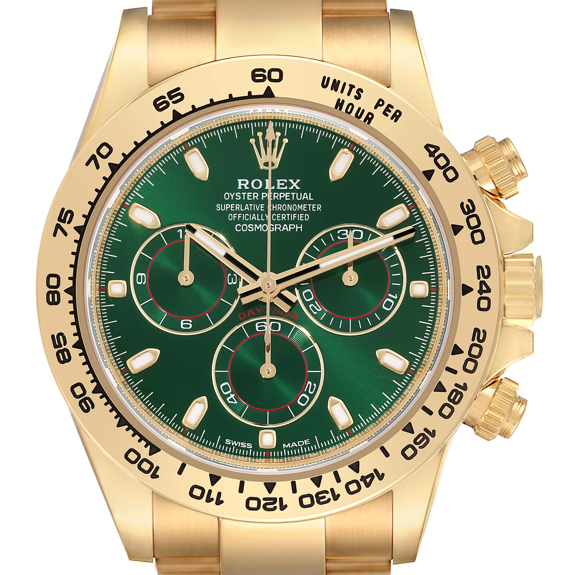 The image shows a frontal view of a Rolex Daytona 116508 Men's Yellow Gold Green Dial 116508 Men's Yellow Gold Green Dial watch, highlighting its green dial, gold case, and chronograph features.