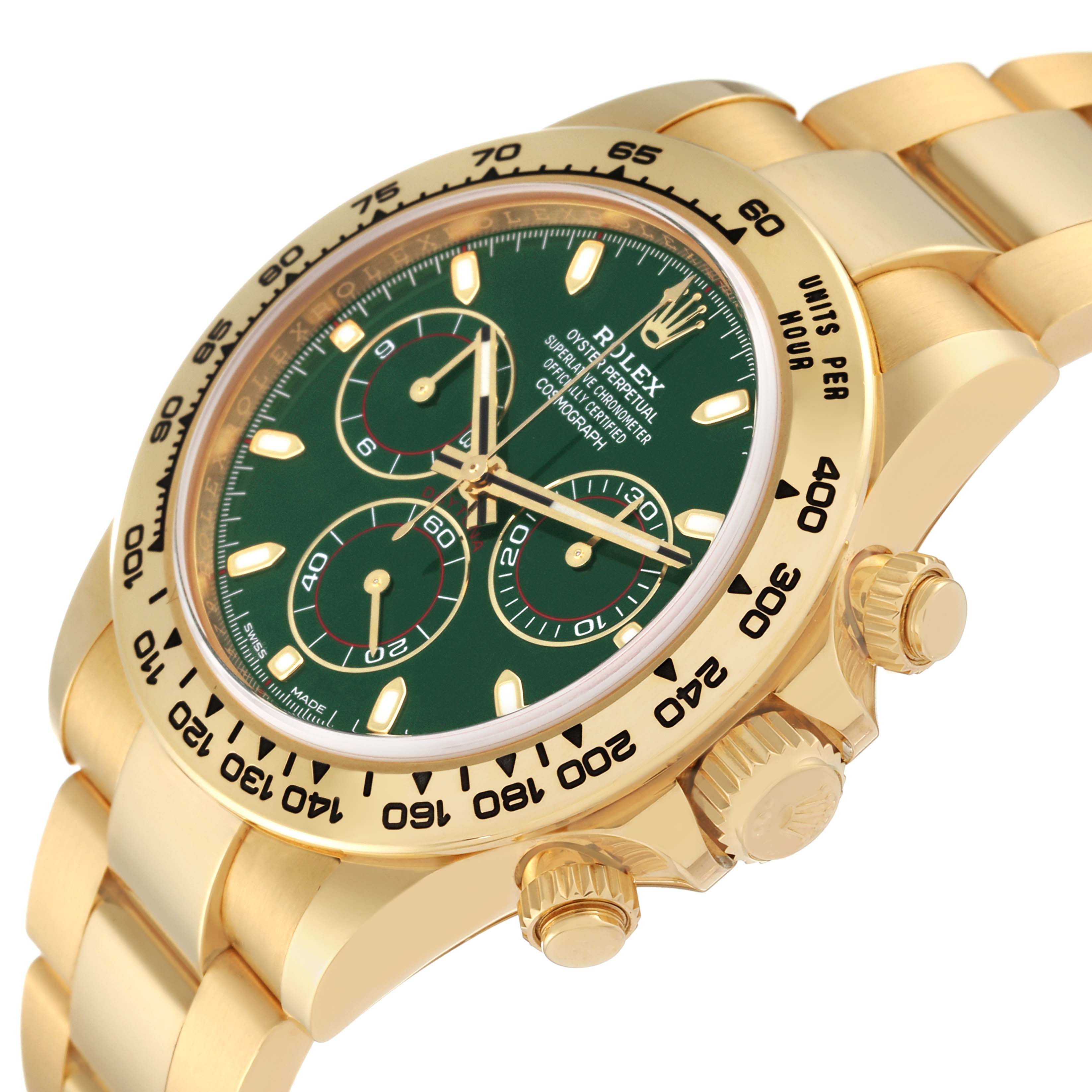 The image shows a side angle of a Rolex Daytona 116508 Men's Yellow Gold Green Dial 116508 Men's Yellow Gold Green Dial watch, highlighting its green dial, gold bezel, and crown.