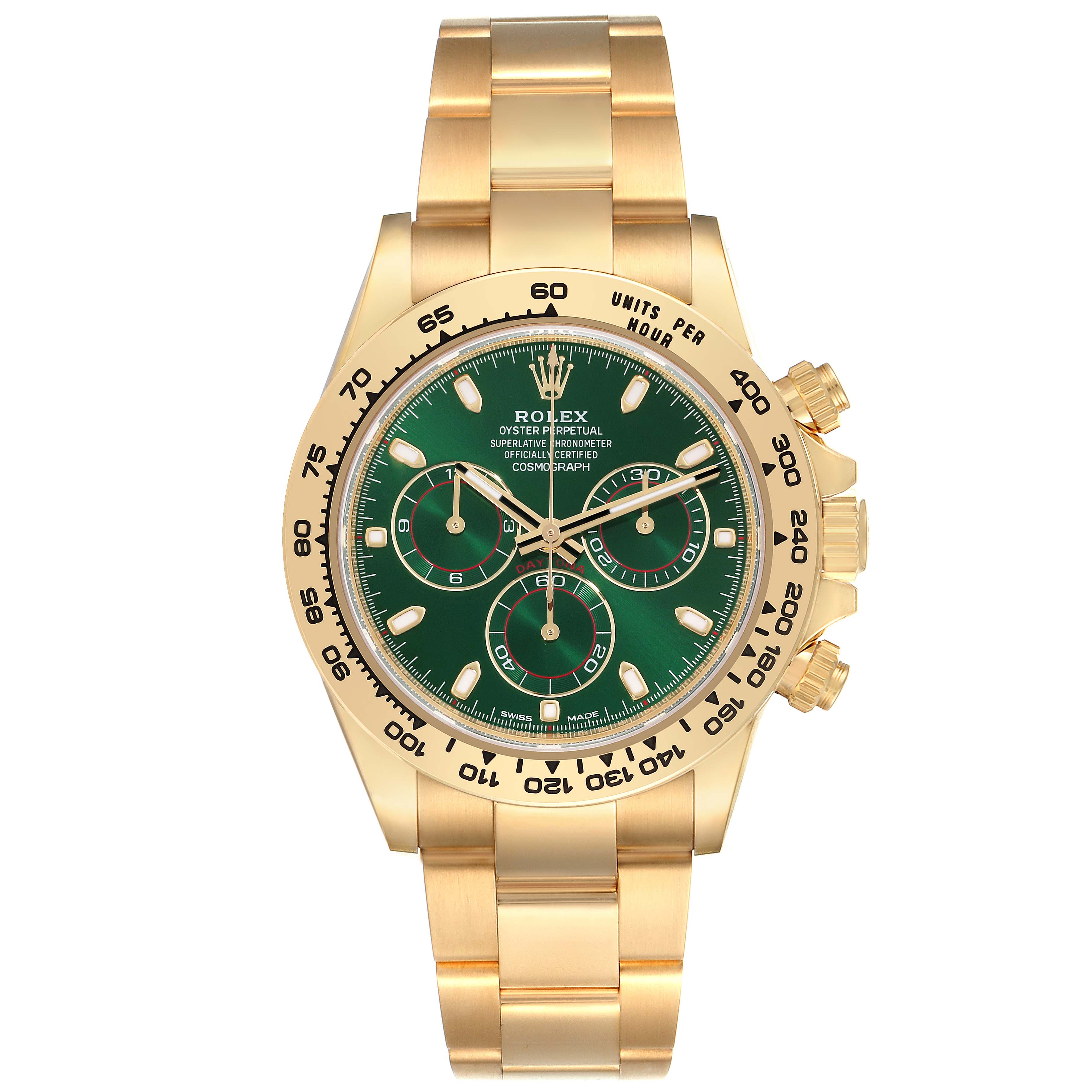 The Rolex Daytona 116508 Men's Yellow Gold Green Dial 116508 Men's Yellow Gold Green Dial watch features a front view showing its green dial, chronograph sub-dials, and gold bracelet.
