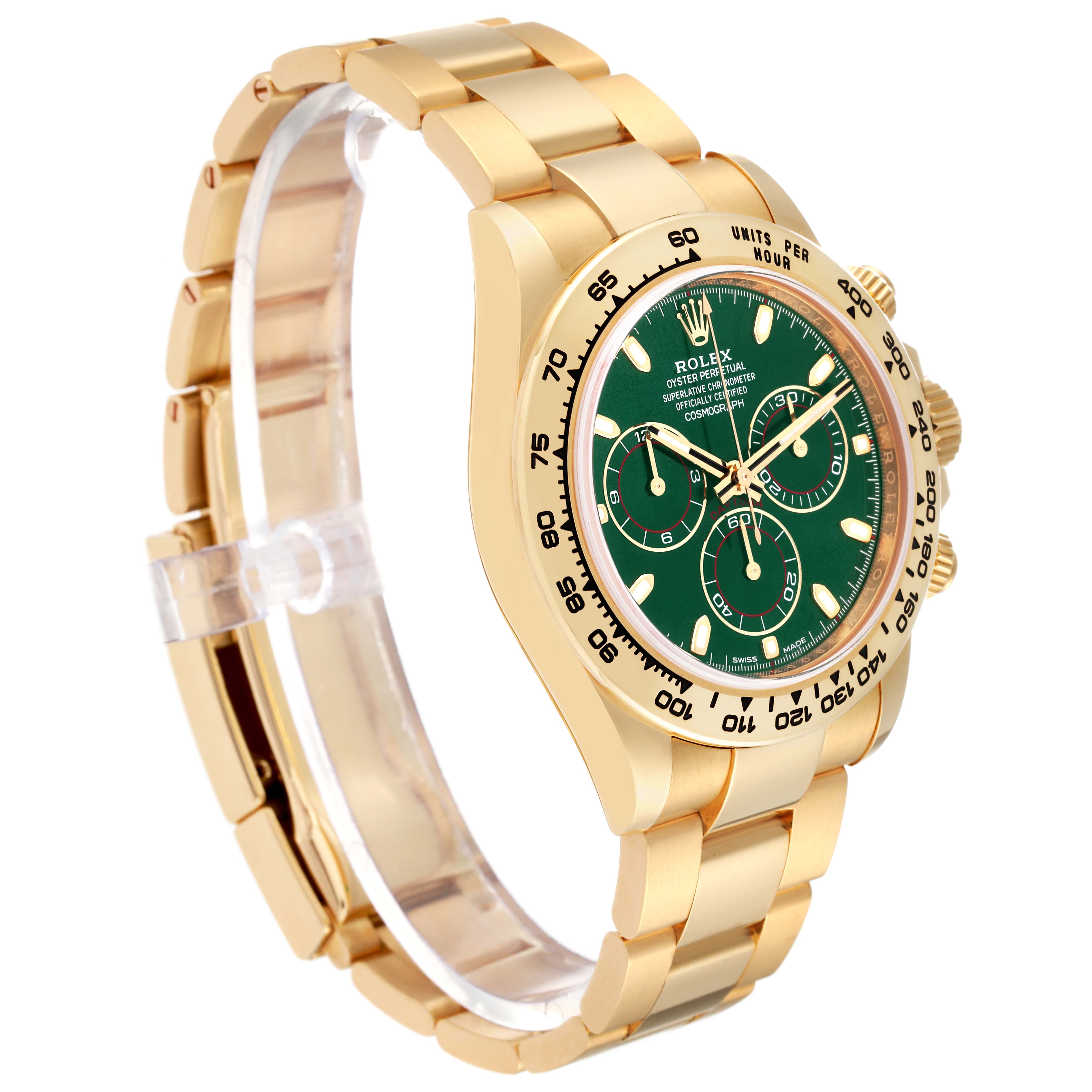 The image shows a side view of a Rolex Daytona 116508 Men's Yellow Gold Green Dial 116508 Men's Yellow Gold Green Dial watch, highlighting its gold bracelet, green dial, and bezel with tachymeter.