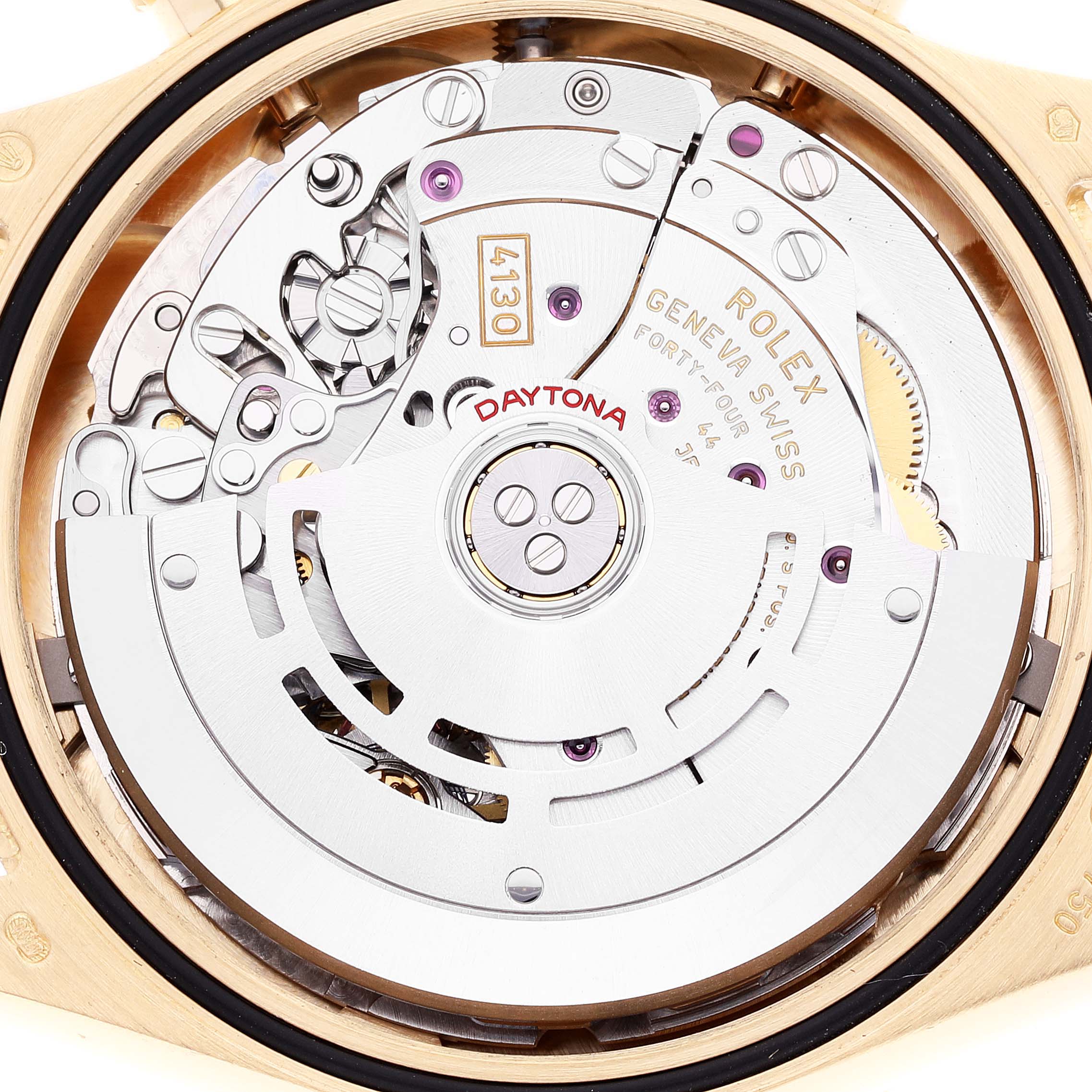 This image shows the movement mechanism of a Rolex Daytona 116508 Men's Yellow Gold Green Dial 116508 Men's Yellow Gold Green Dial watch viewed from the back side.