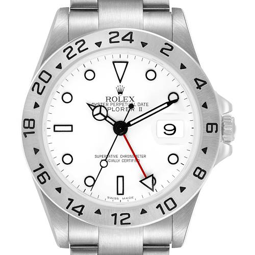 The Rolex Explorer 16570 Men's Stainless Steel White Dial II watch is shown from a front angle, highlighting the face, hands, date window, and bezel.