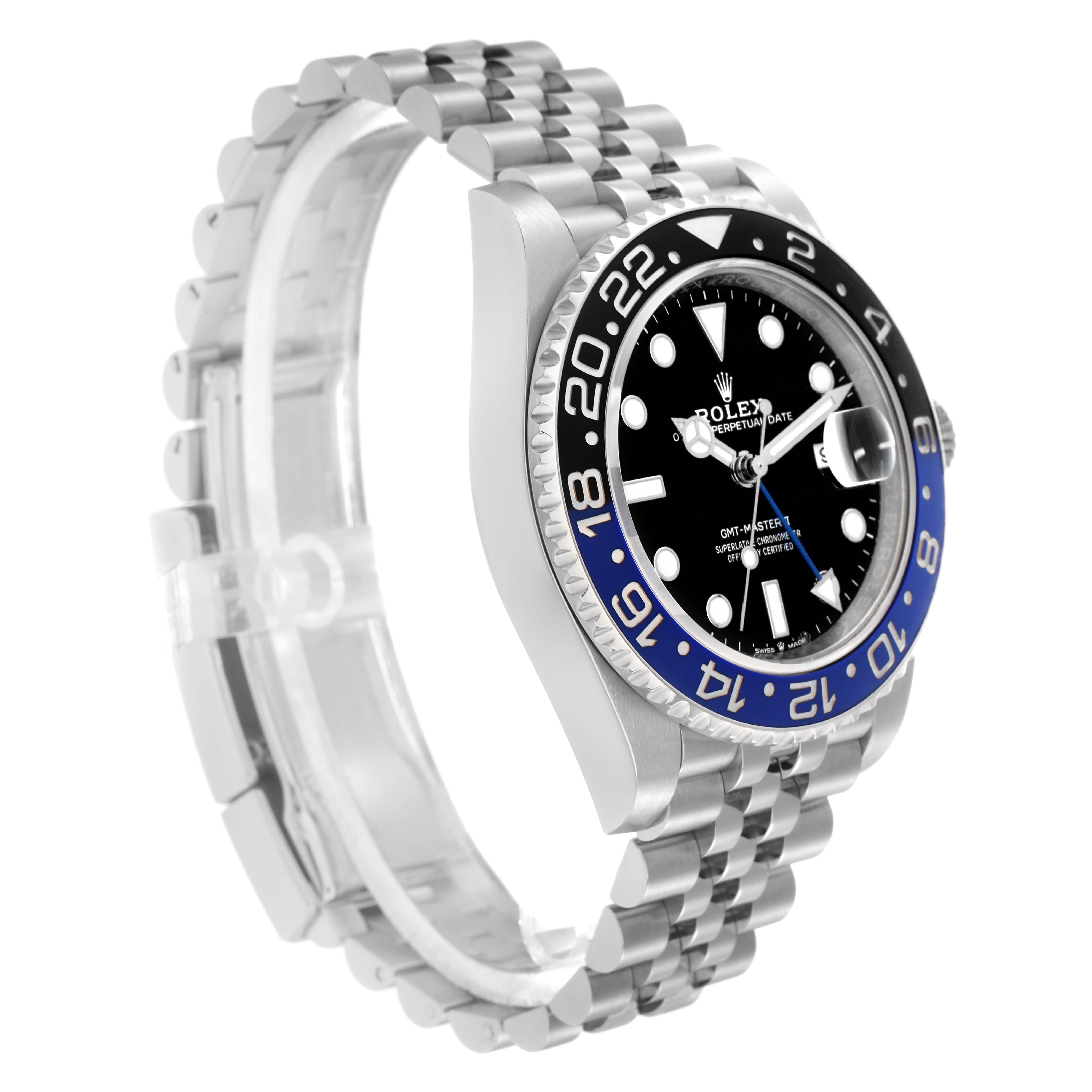 The Rolex GMT-Master model 126710 is shown from a three-quarter angle, highlighting the bezel, dial, and bracelet.