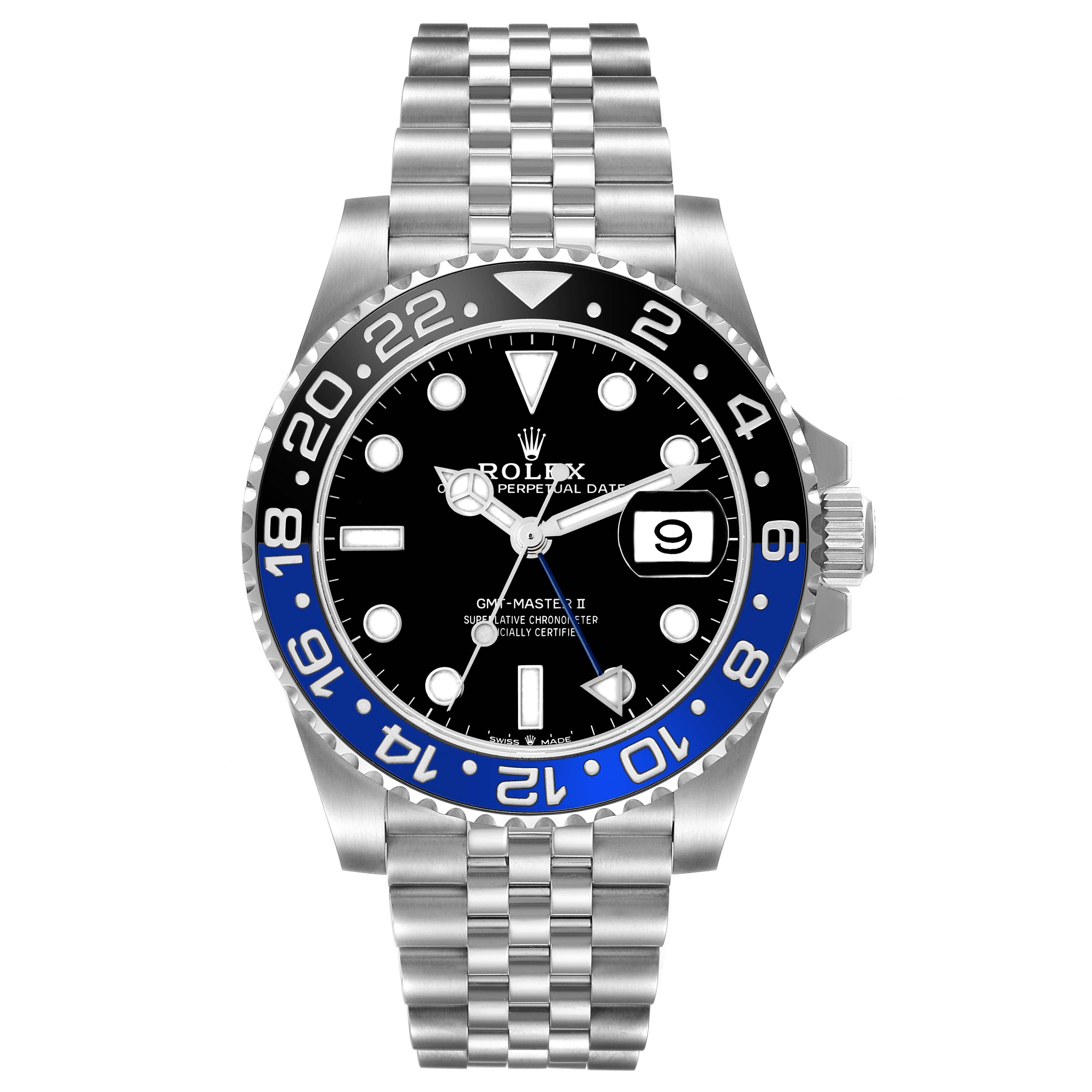 The image shows a front view of a Rolex GMT-Master model 126710 men's watch, highlighting the bezel, dial, and Jubilee bracelet.