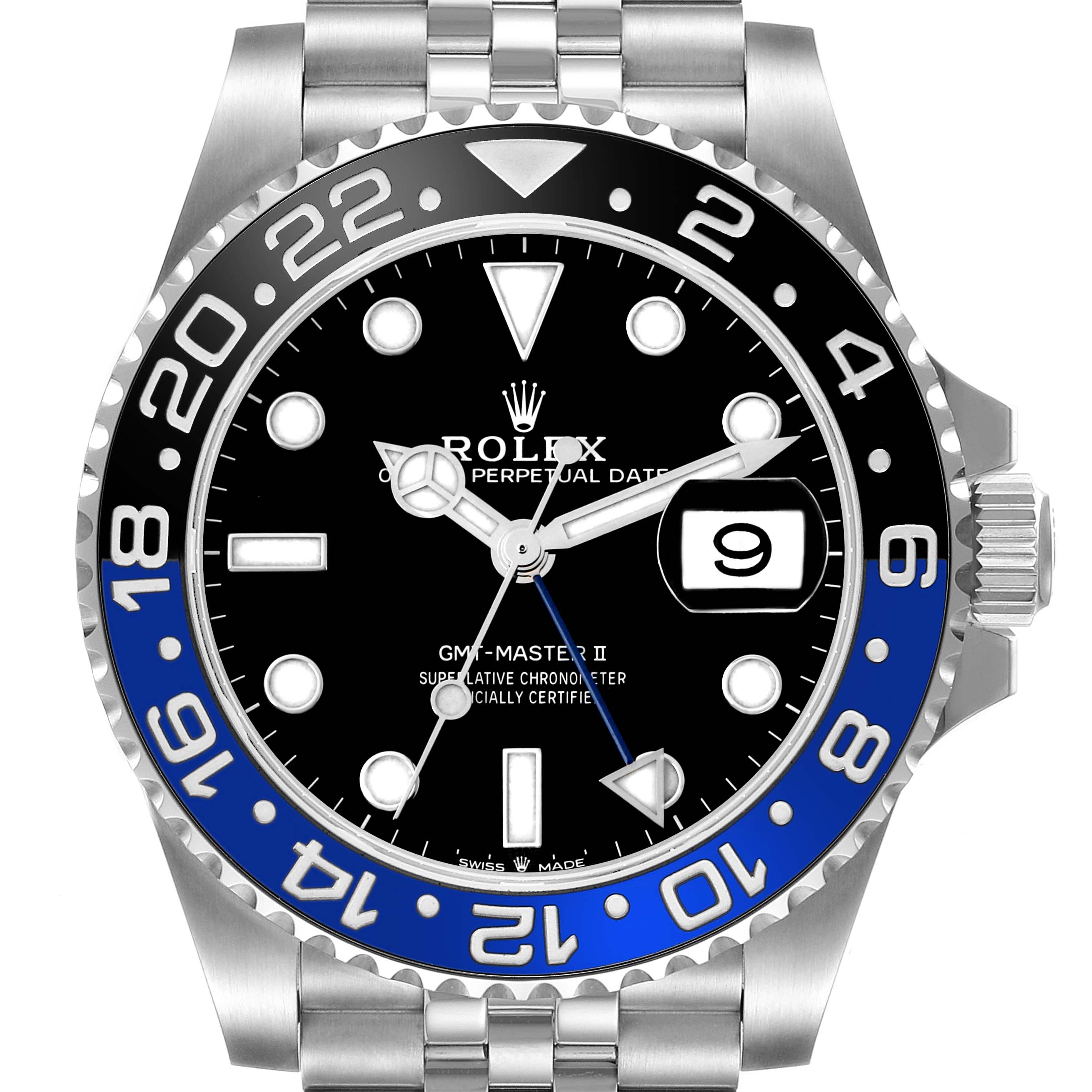 The image shows a front view of the Rolex GMT-Master II, model number 126710, displaying the dial, bezel, hands, bracelet, and date window.