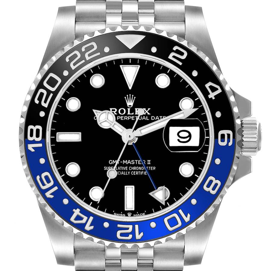 The image shows a front view of the Rolex GMT-Master II, model number 126710, displaying the dial, bezel, hands, bracelet, and date window.
