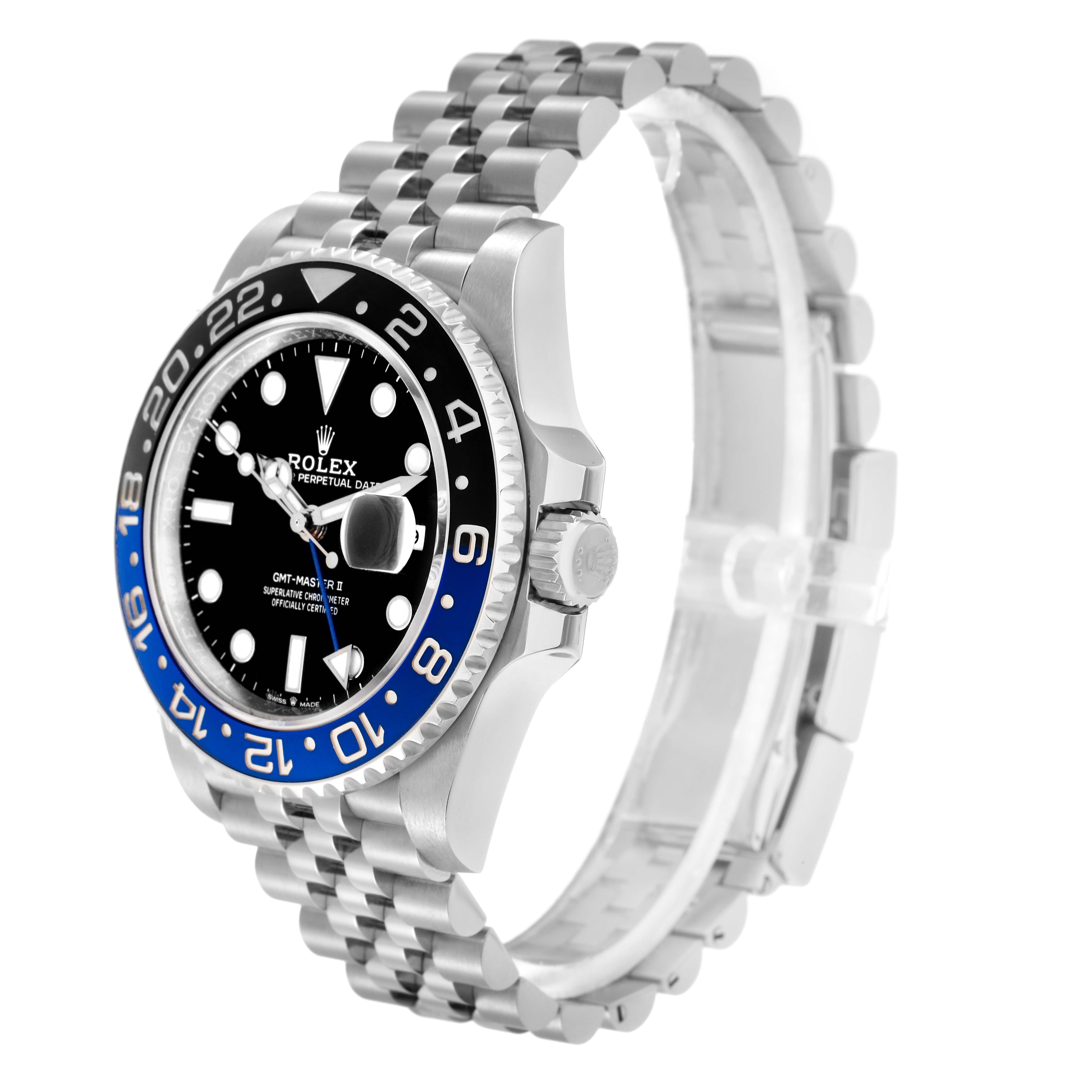 The image shows a side angle view of the Rolex GMT-Master model 126710, highlighting the bezel, face, crown, and a portion of the bracelet.