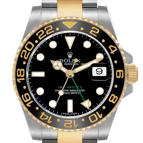 The Rolex GMT-Master 116713LN Men's Stainless Steel Black Dial watch is shown from the front, highlighting the bezel, dial, hands, and date window.